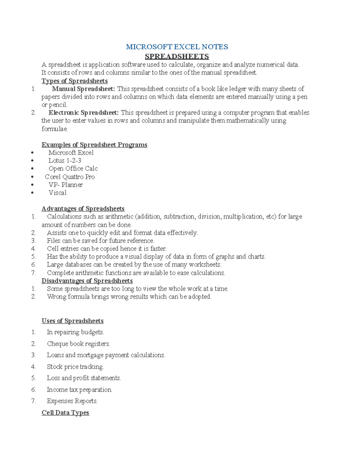 Microsoft Excel Notes - MICROSOFT EXCEL NOTES SPREADSHEETS A ...