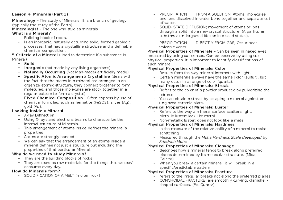 Lesson 4 Minerals Lecture About Minerals Lesson 4 Minerals Part 1