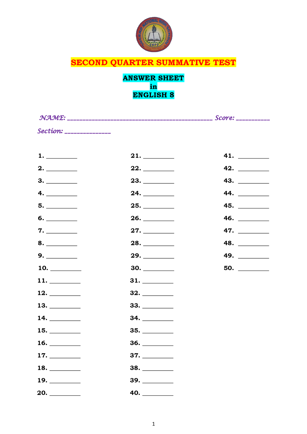 2nd Quarter Summative 1 - SECOND QUARTER SUMMATIVE TEST ANSWER SHEET In ...