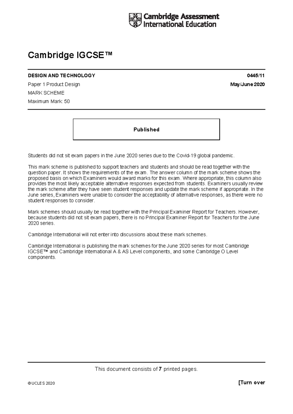0445 s20 ms 11 - D&T - This document consists of 7 printed pages ...