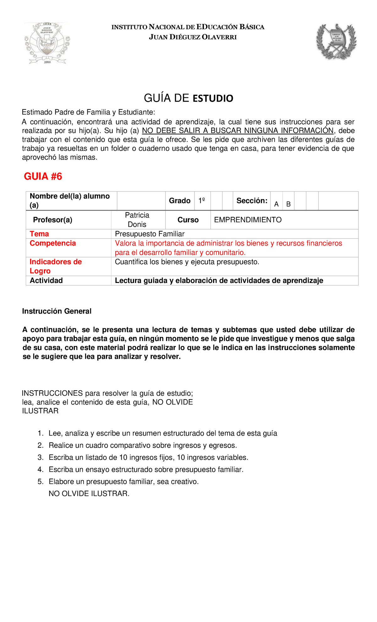 GUIA #6 Meprendimiento 1ro - INSTITUTO NACIONAL DE EDUCACI”N B¡SICA ...