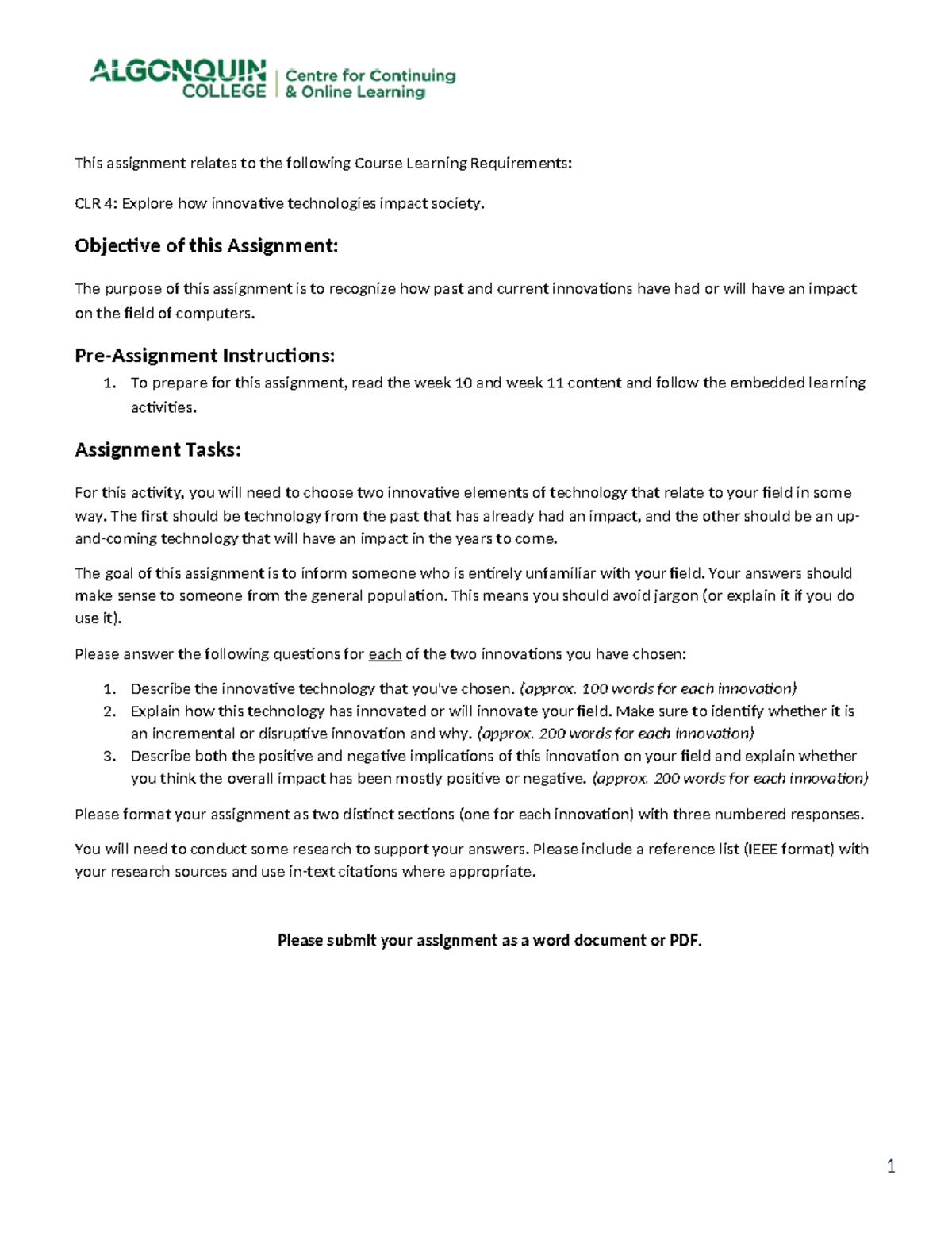 Impact of Innovation - 1 This assignment relates to the following ...