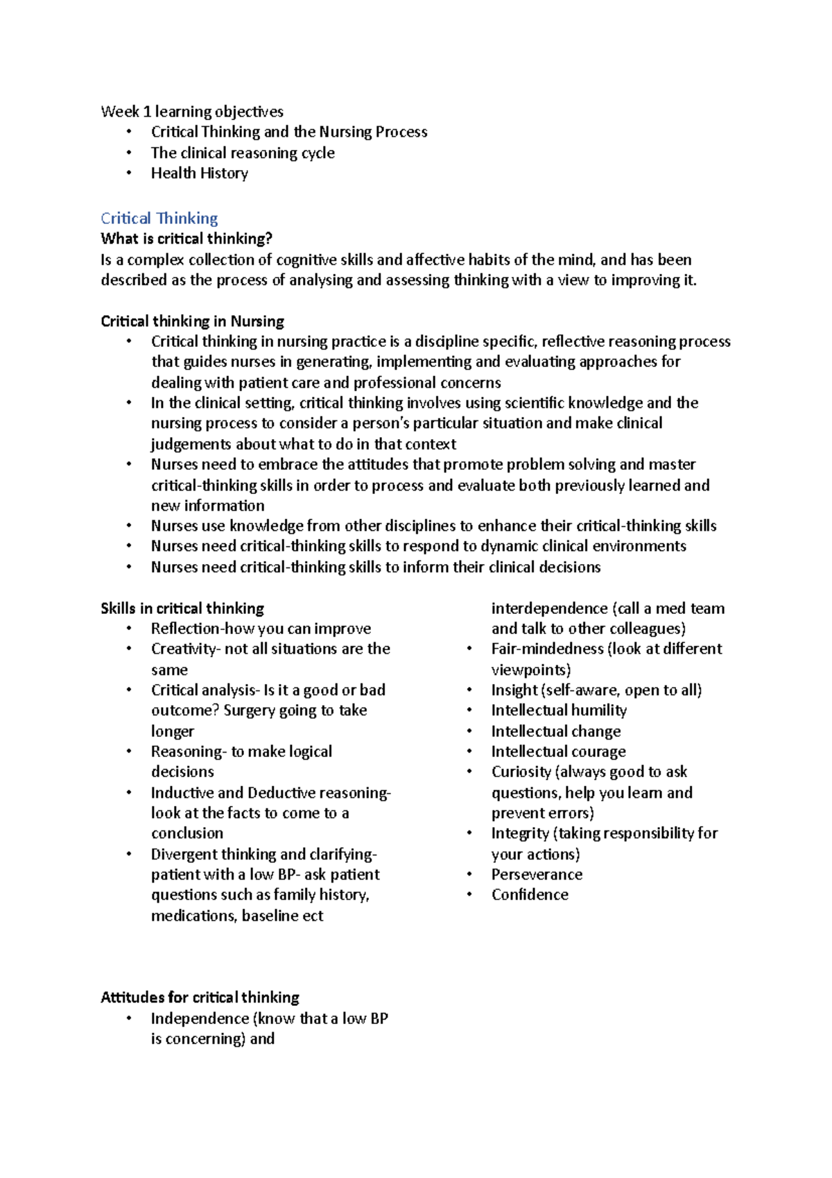 Nursing Care Fundamentals Week1 - Week 1 learning objectives - Critical ...