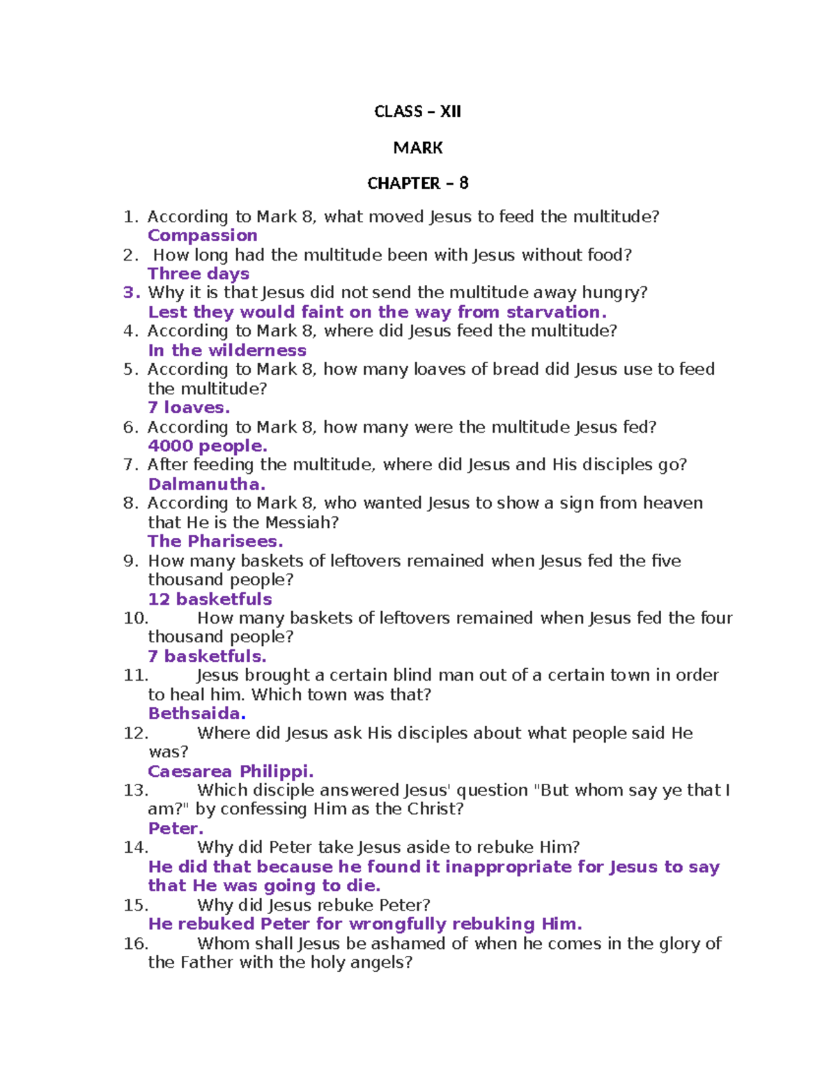 MARK - 8 - V.ed - CLASS – XII MARK CHAPTER – 8 1. According to Mark 8 ...