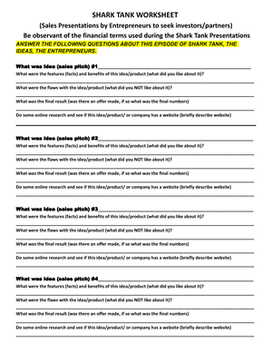 Shark Tank Worksheet 2 - SHARK TANK WORKSHEET (Sales Presentations by  Entrepreneurs to seek - Studocu