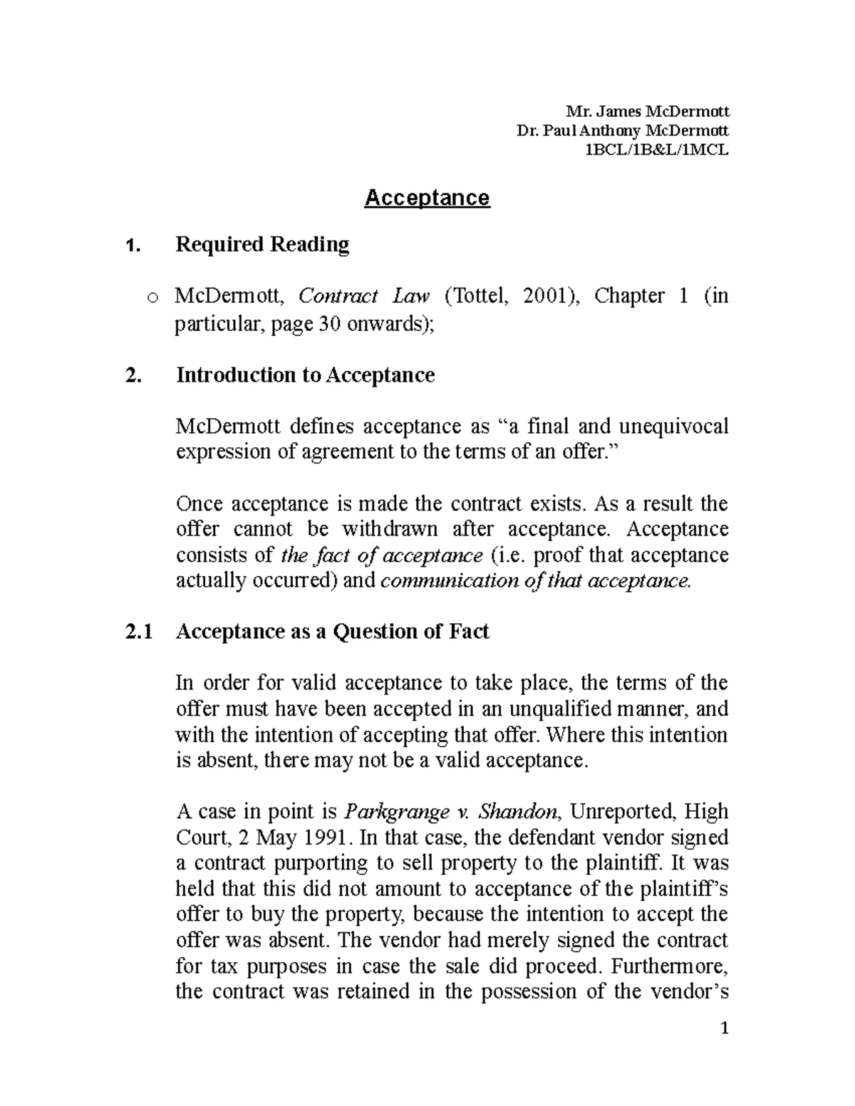 Contract Law 2023 Topic 2 Acceptance - Mr. James McDermott Contract Law ...