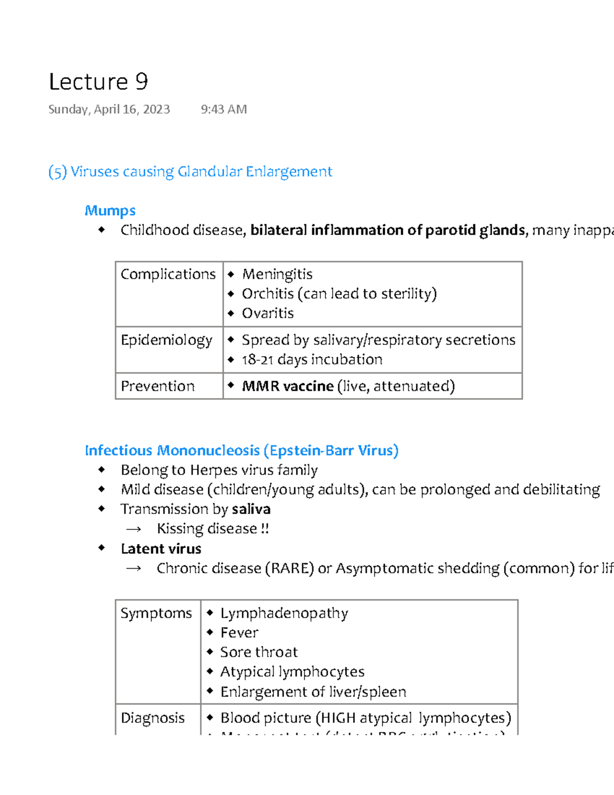 Lecture 9 Viruses Part 2 (5) Viruses causing Glandular Enlargement