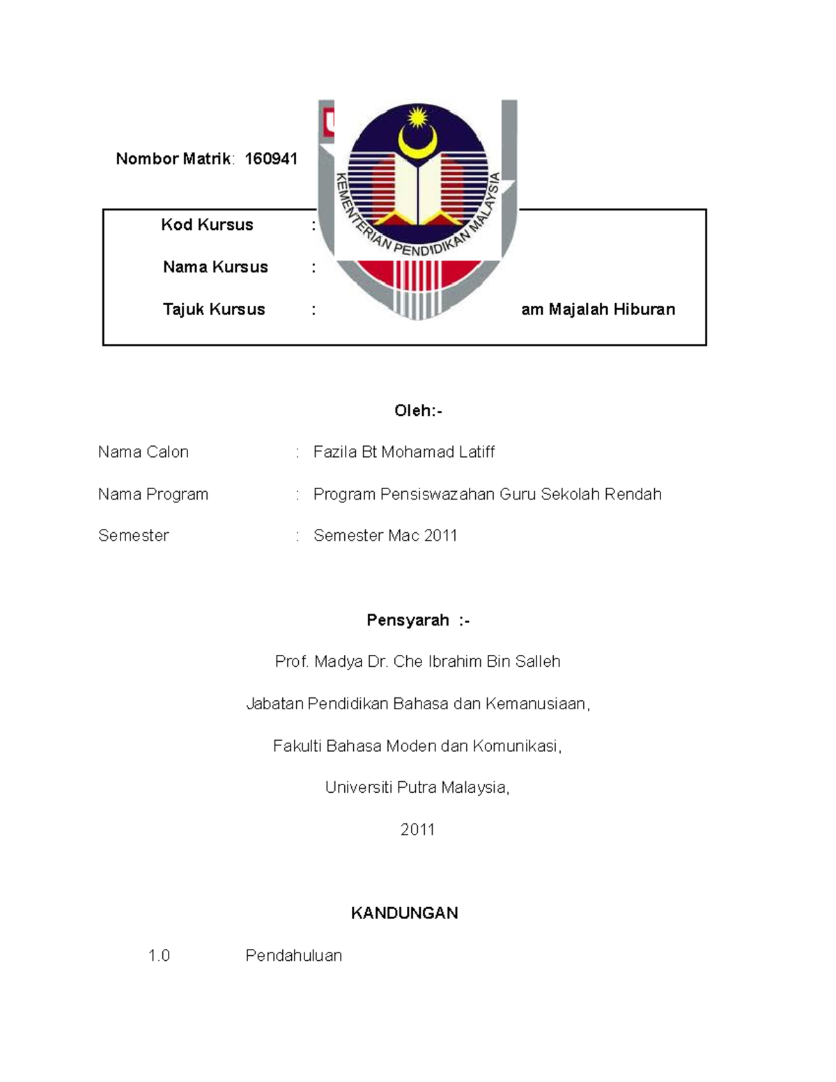 Kavitha majalah - Kod Kursus : BBM 3203 Nama Kursus : Tatabahasa Melayu ...