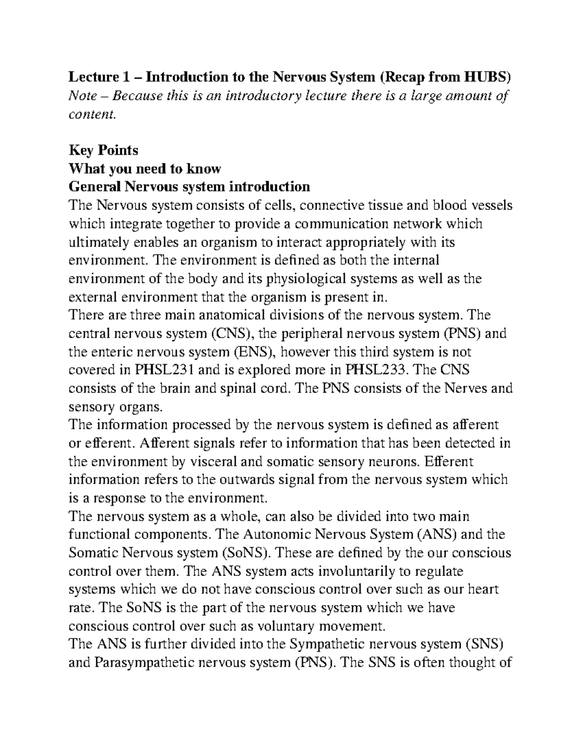 Module 1 Notes - Lecture 1 – Introduction to the Nervous System (Recap ...