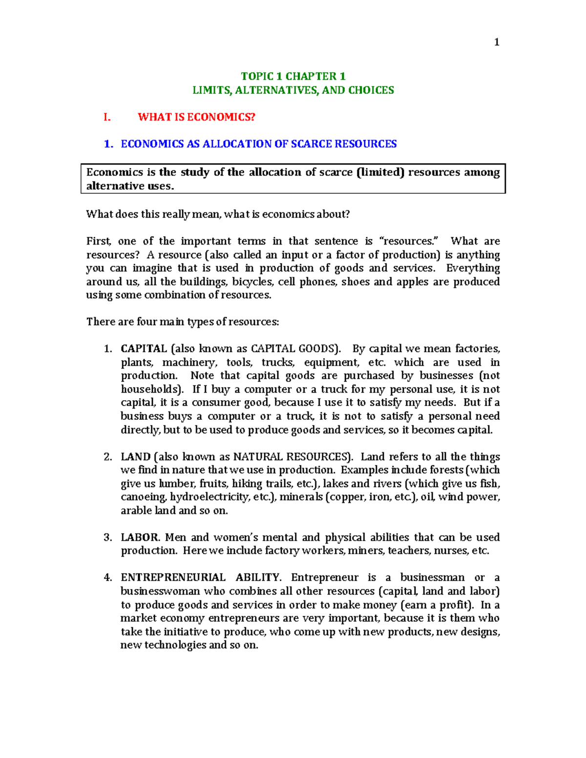 ECON 101- Topic 1 (CHP. 1) Lectures Notes - TOPIC 1 CHAPTER LIMITS ...