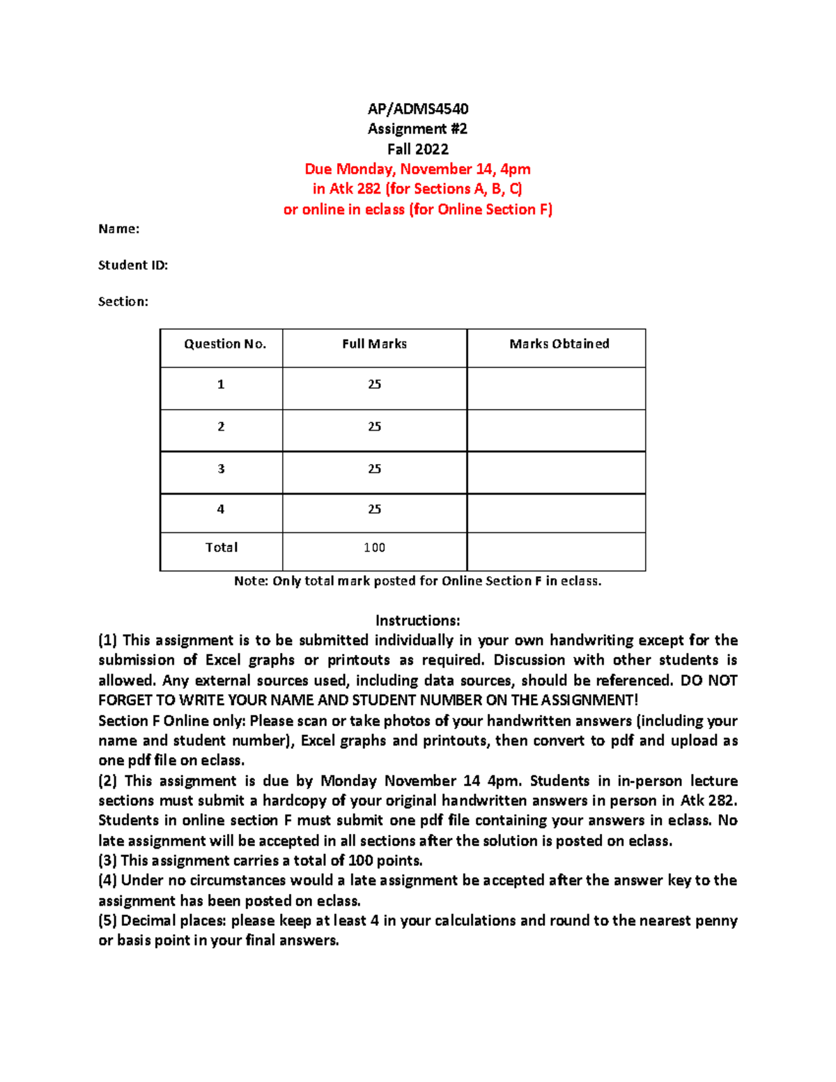 assignment marks autumn 2022