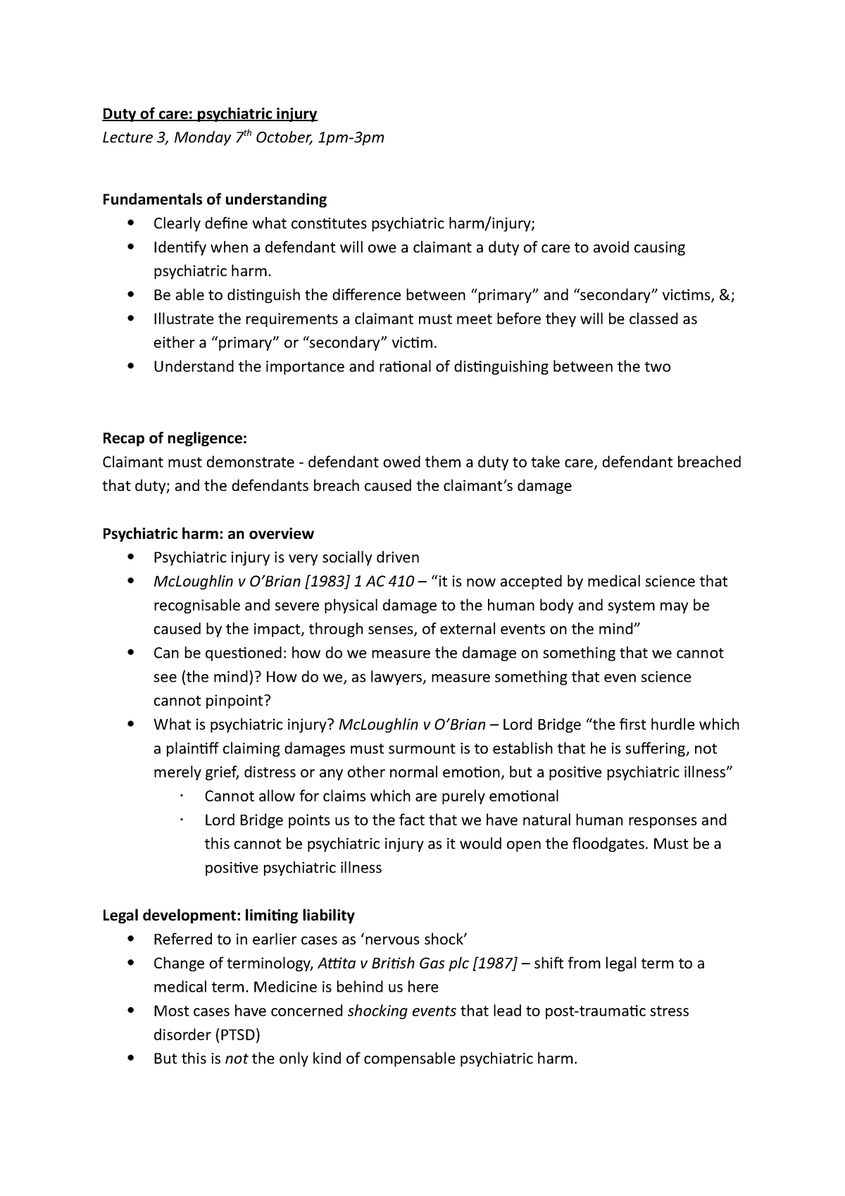 psychiatric-injury-week-3-lecture-3-tort-law-duty-of-care