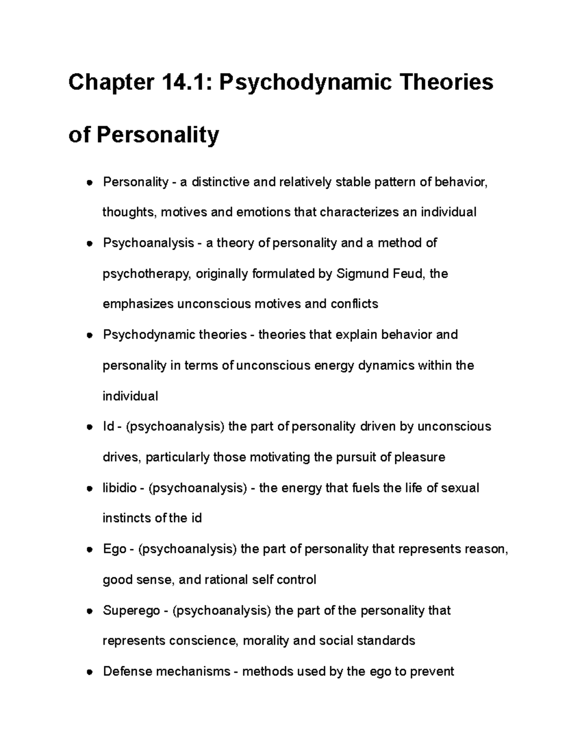 Chapter 14.1 Notes - Chapter 14: Psychodynamic Theories Of Personality 