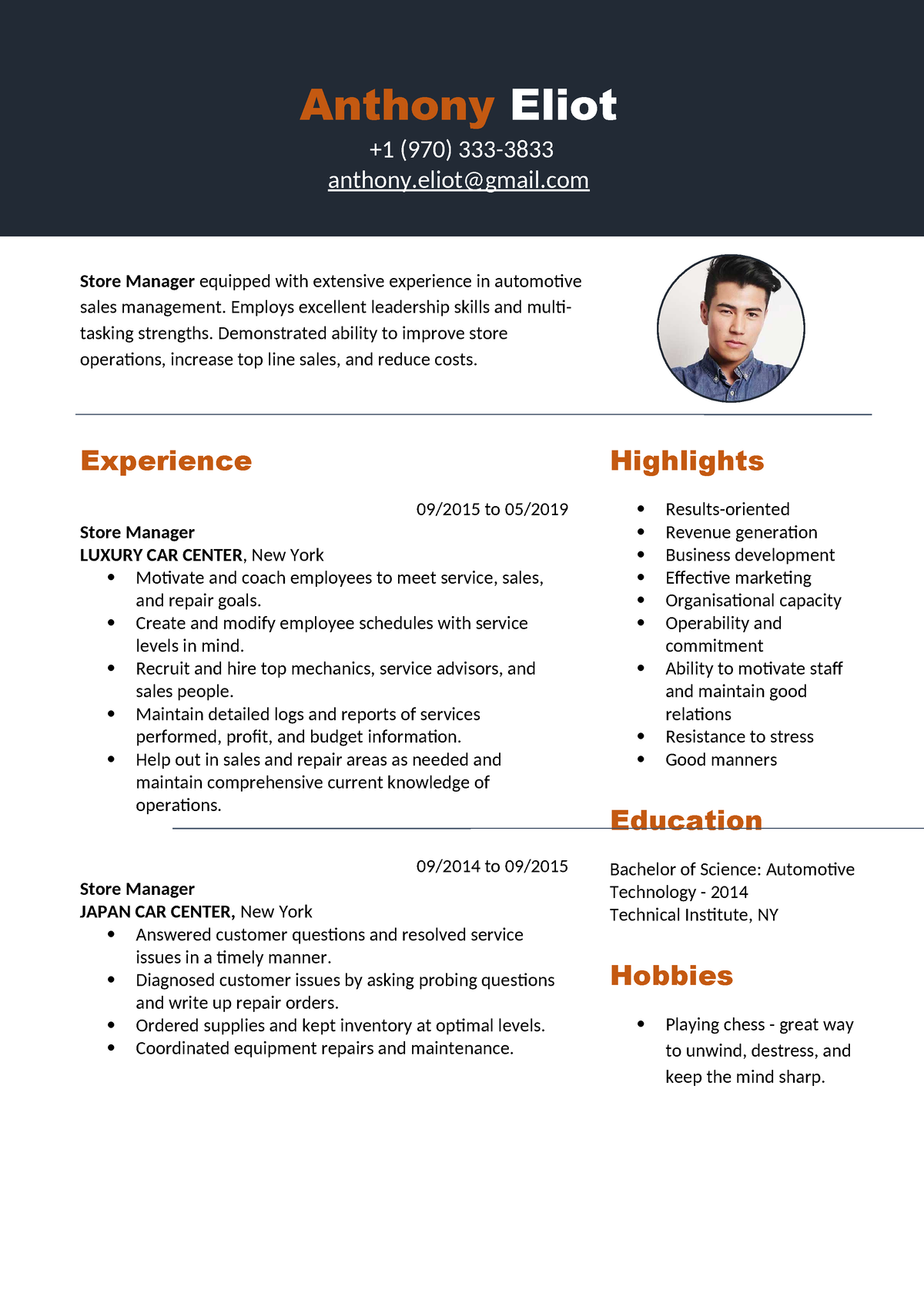 Resume - Anthony Eliot +1 (970) 333- anthony@gmail Store Manager ...