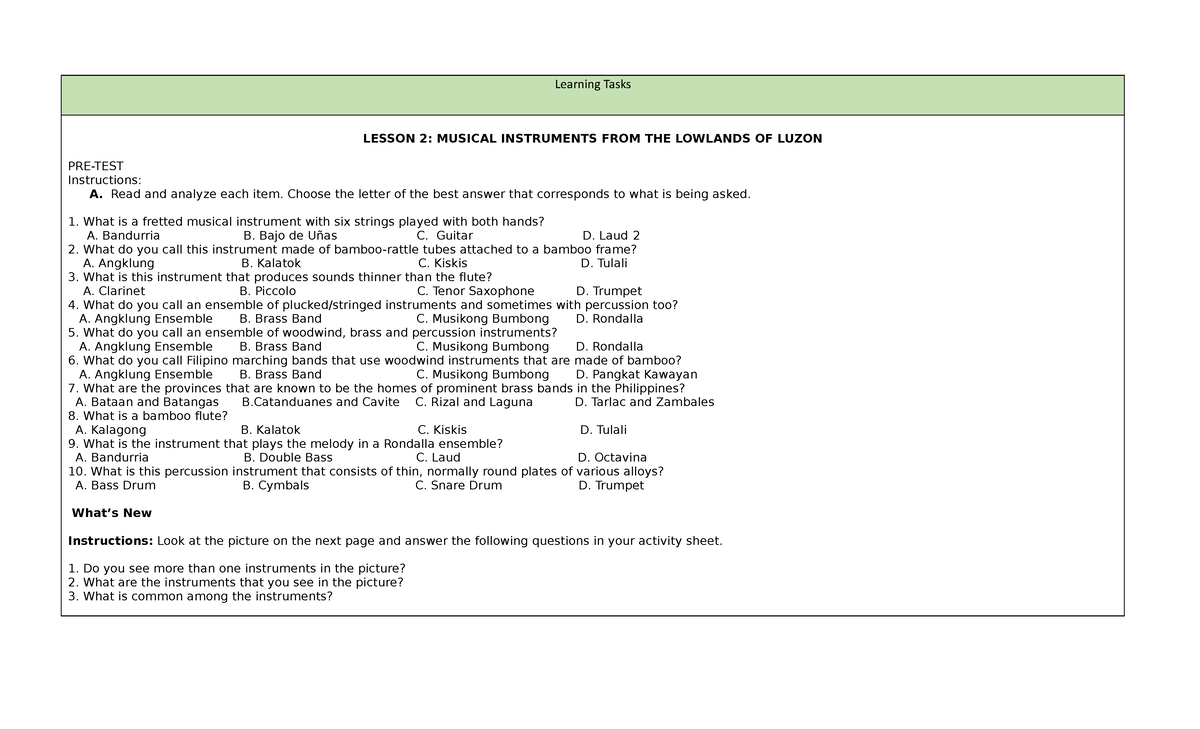 Music- Lesson-2 - hello - Learning Tasks LESSON 2: MUSICAL INSTRUMENTS ...
