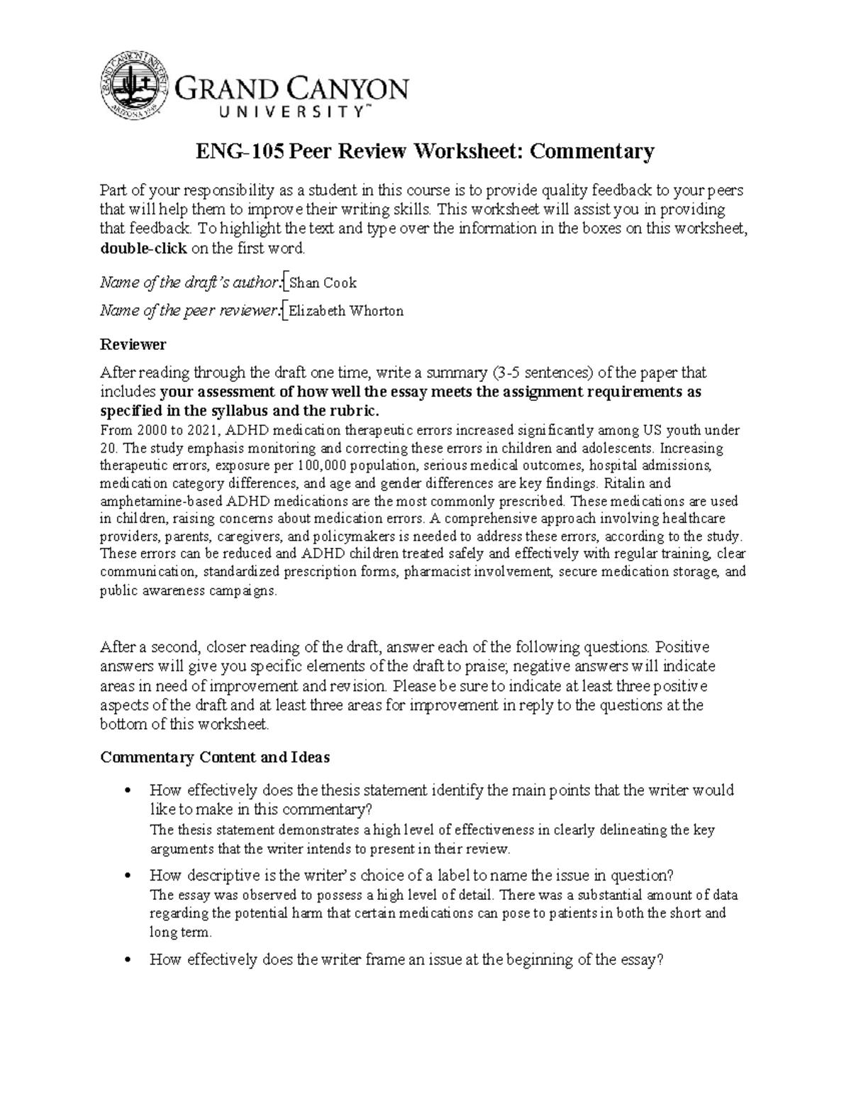 Topic 6 Peer Review - ENG-105 Peer Review Worksheet: Commentary Part of ...