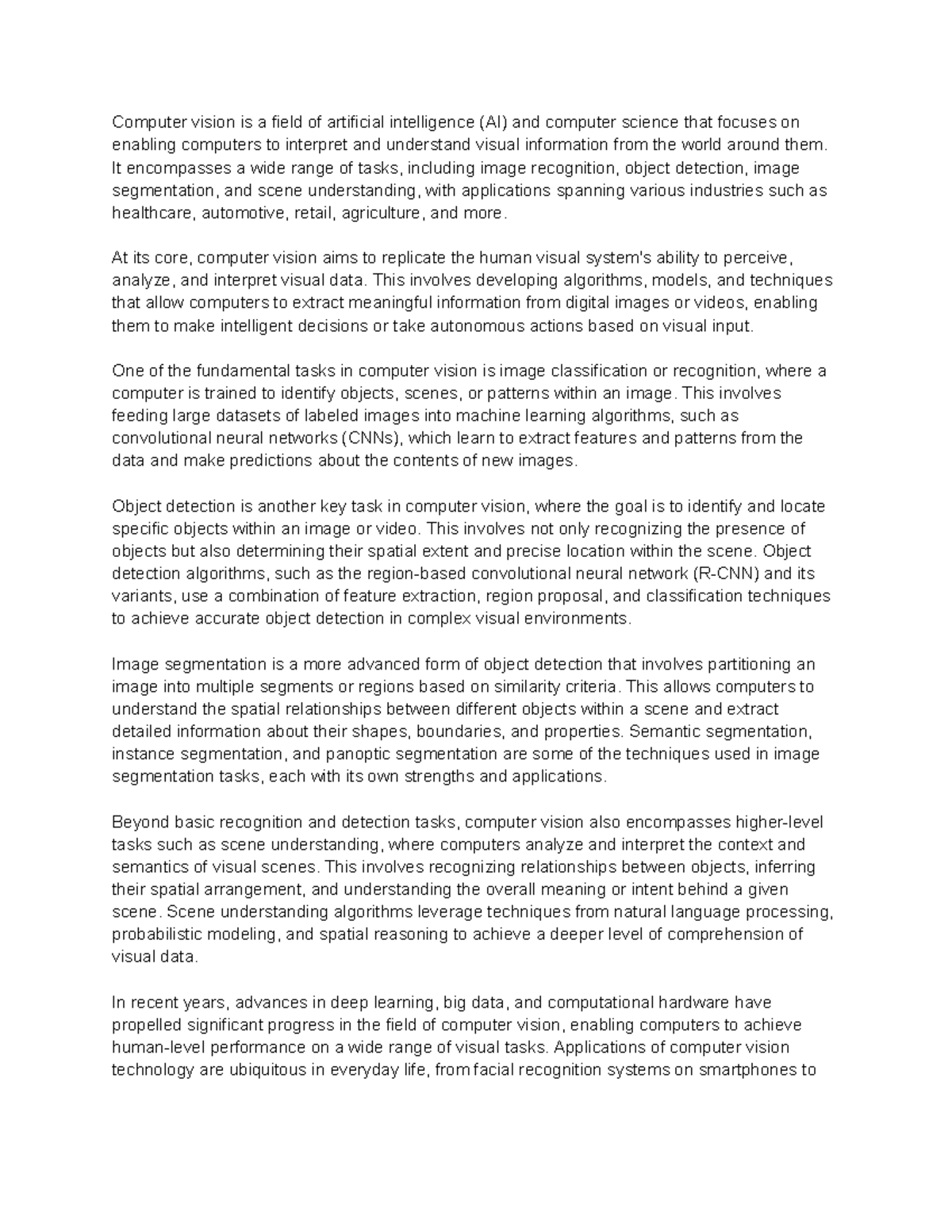 CV2333190 Notes - Computer vision is a field of artificial intelligence ...
