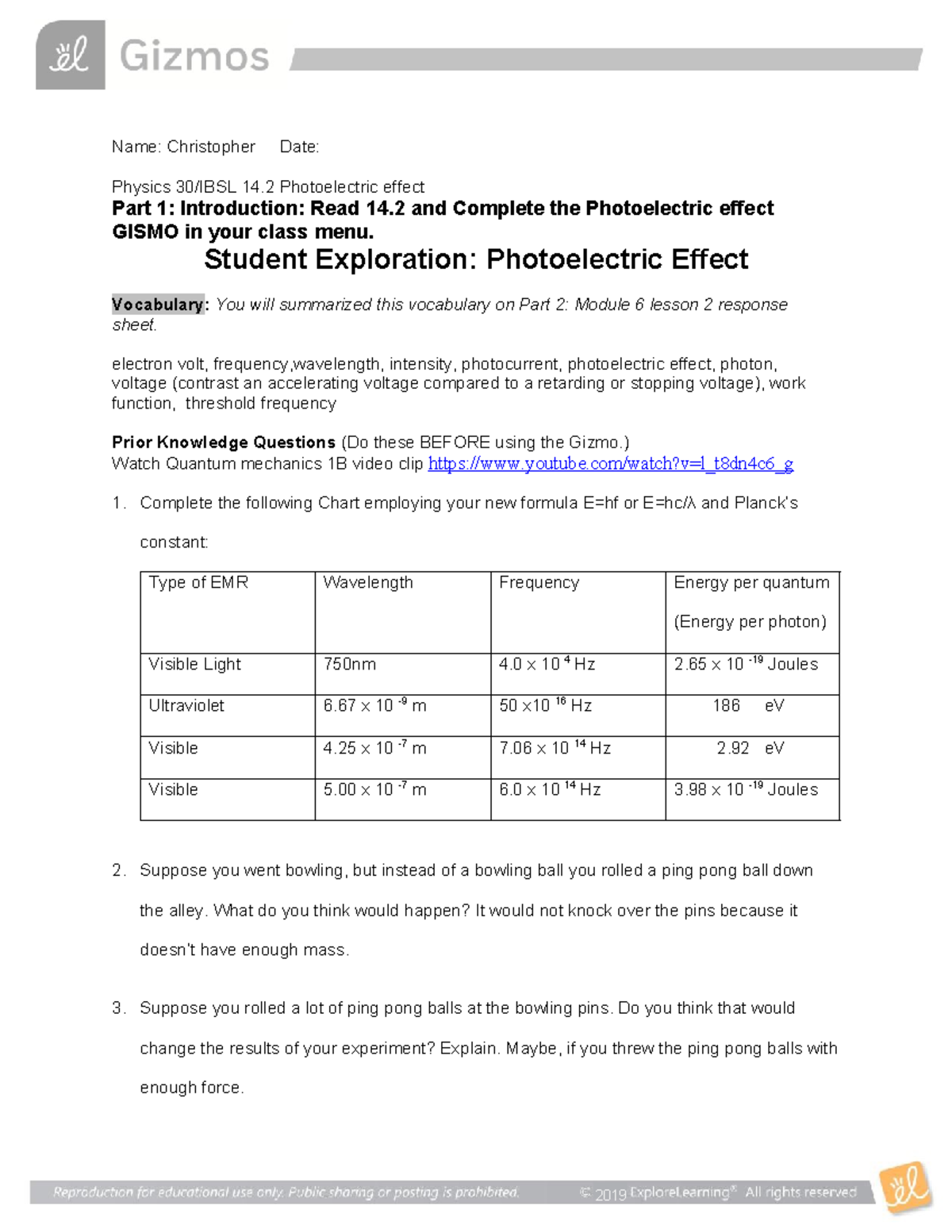 Physics gizmos photoelectric Name Christopher Date Physics 30