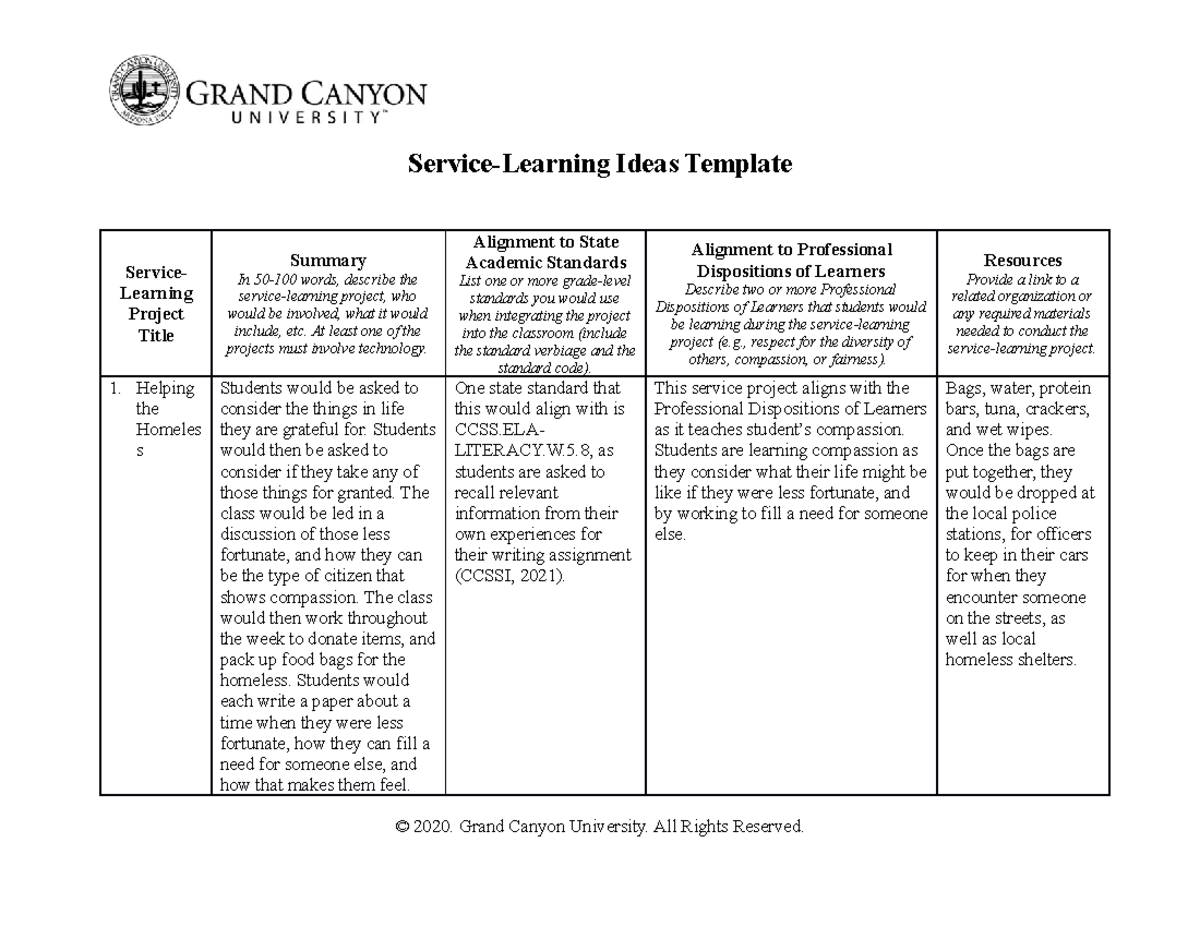 service learning assignment examples