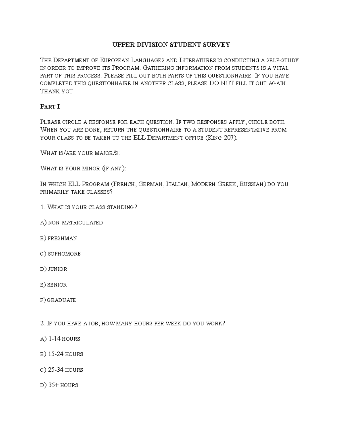 Sample Questionnaire - UPPER DIVISION STUDENT SURVEY THE DEPARTMENT OF ...