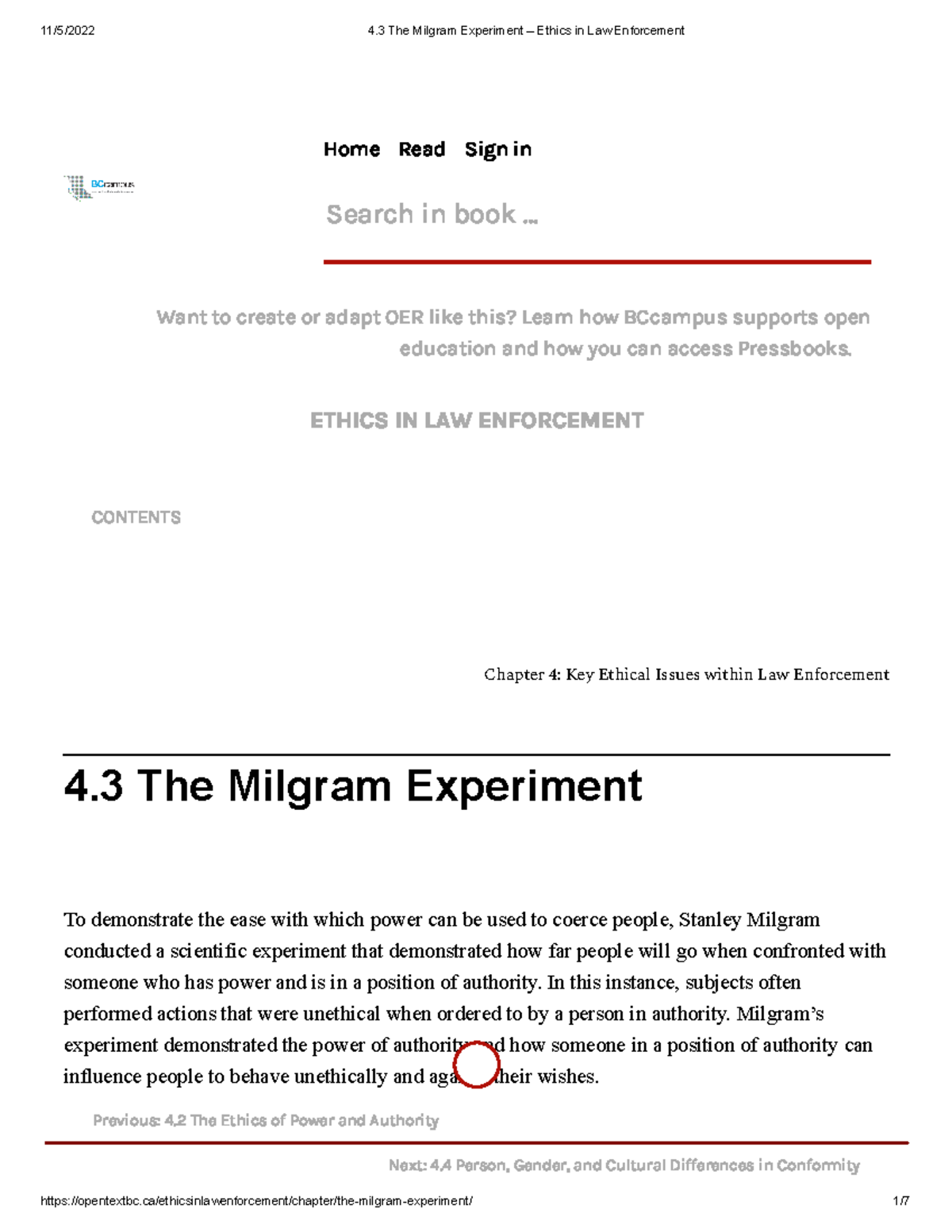 4.3 The Milgram Experiment – Ethics in Law Enforcement - Home Read Sign ...