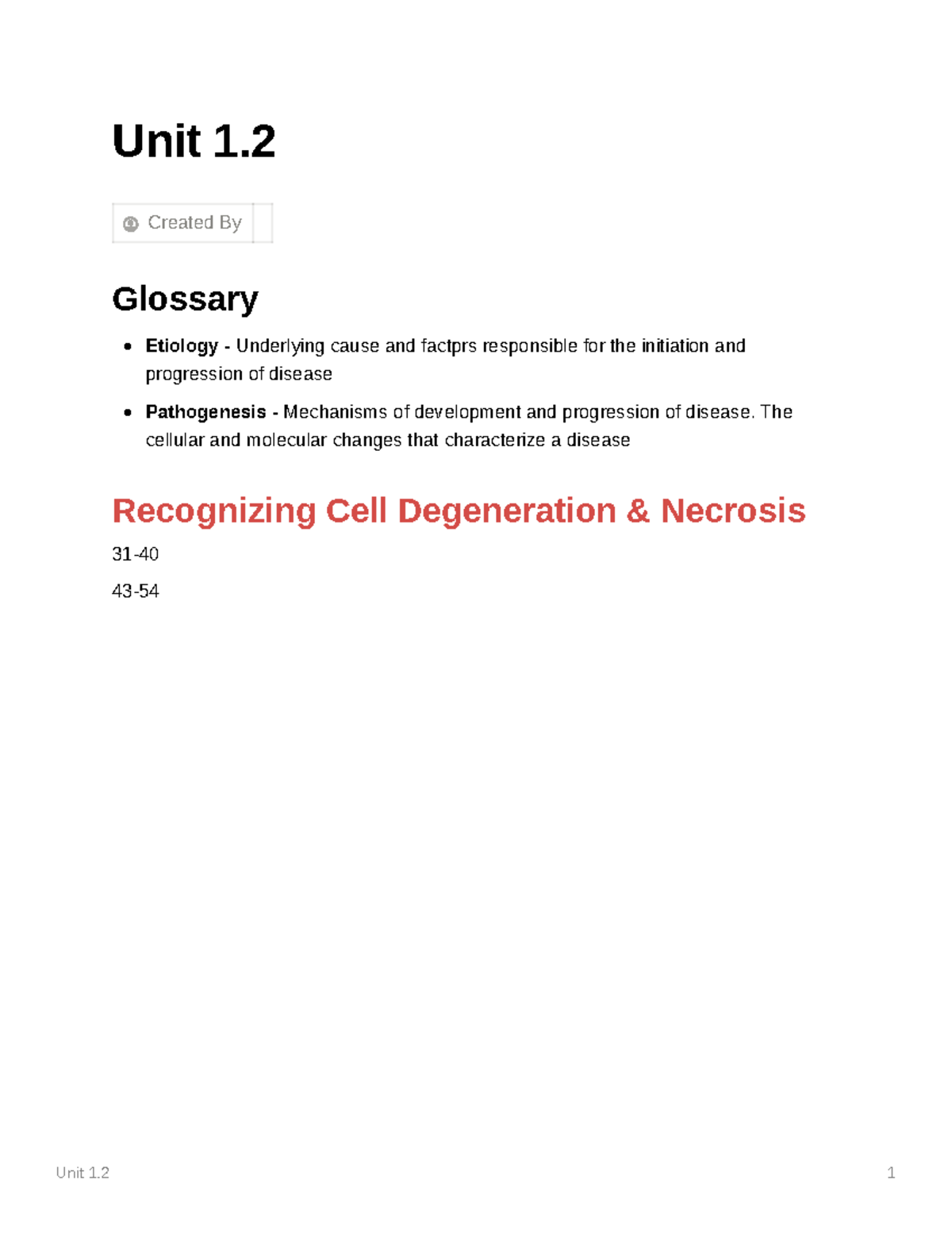 PATH Unit 1 Lesson 2 - Unit 1. Created By Glossary Etiology ...