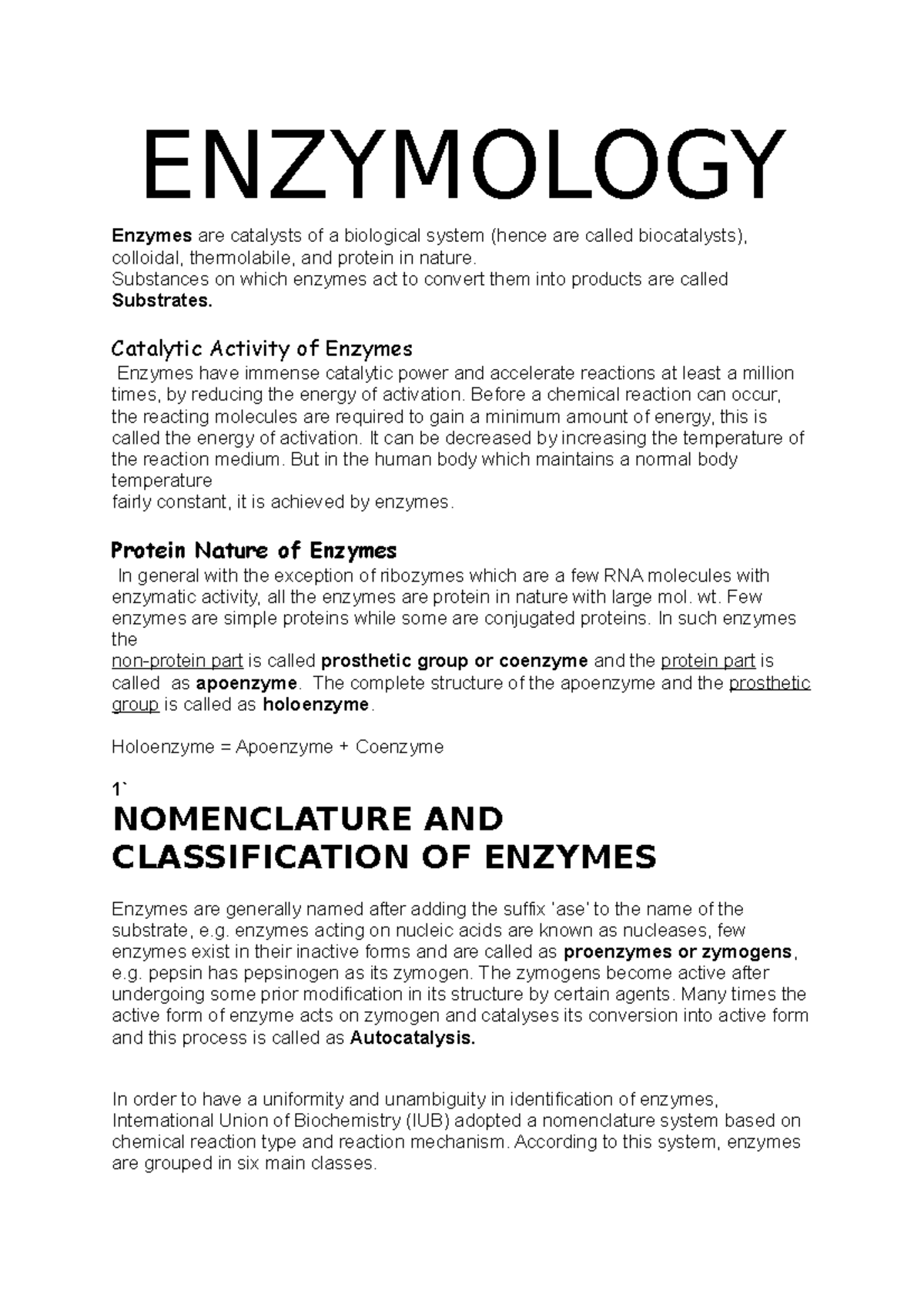 Enzymology - Notes For The 1st Module Of 2nd Semester Biochemistry ...