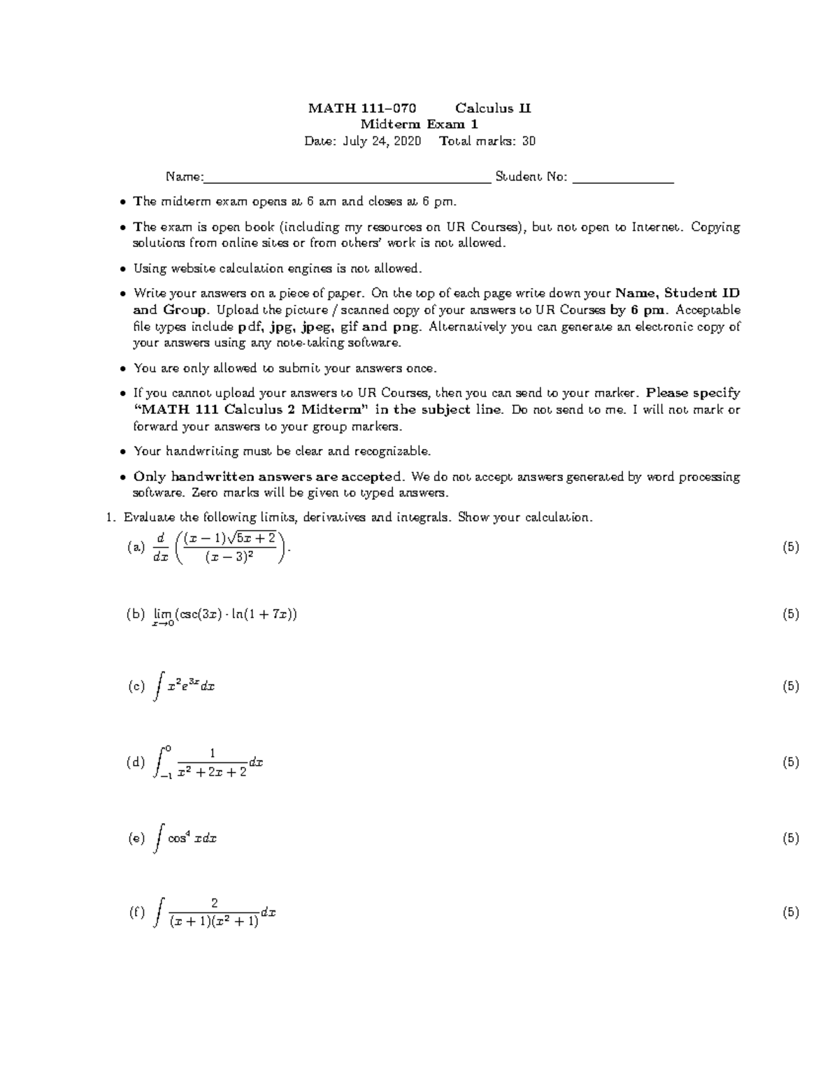 Midterm 1 - MATH 111–070 Calculus II Midterm Exam 1 Date: July 24, 2020 ...