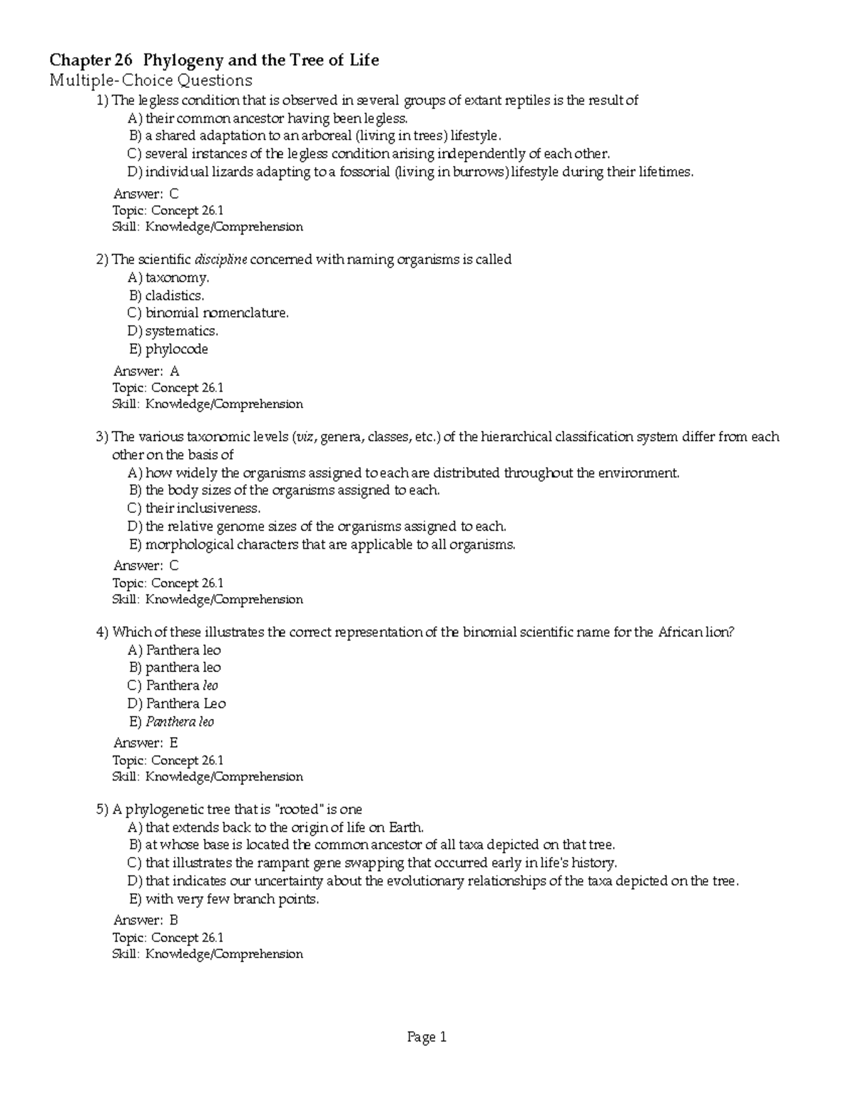 Ch26 - Chapter 26 Phylogeny and the Tree of Life Multiple-Choice ...