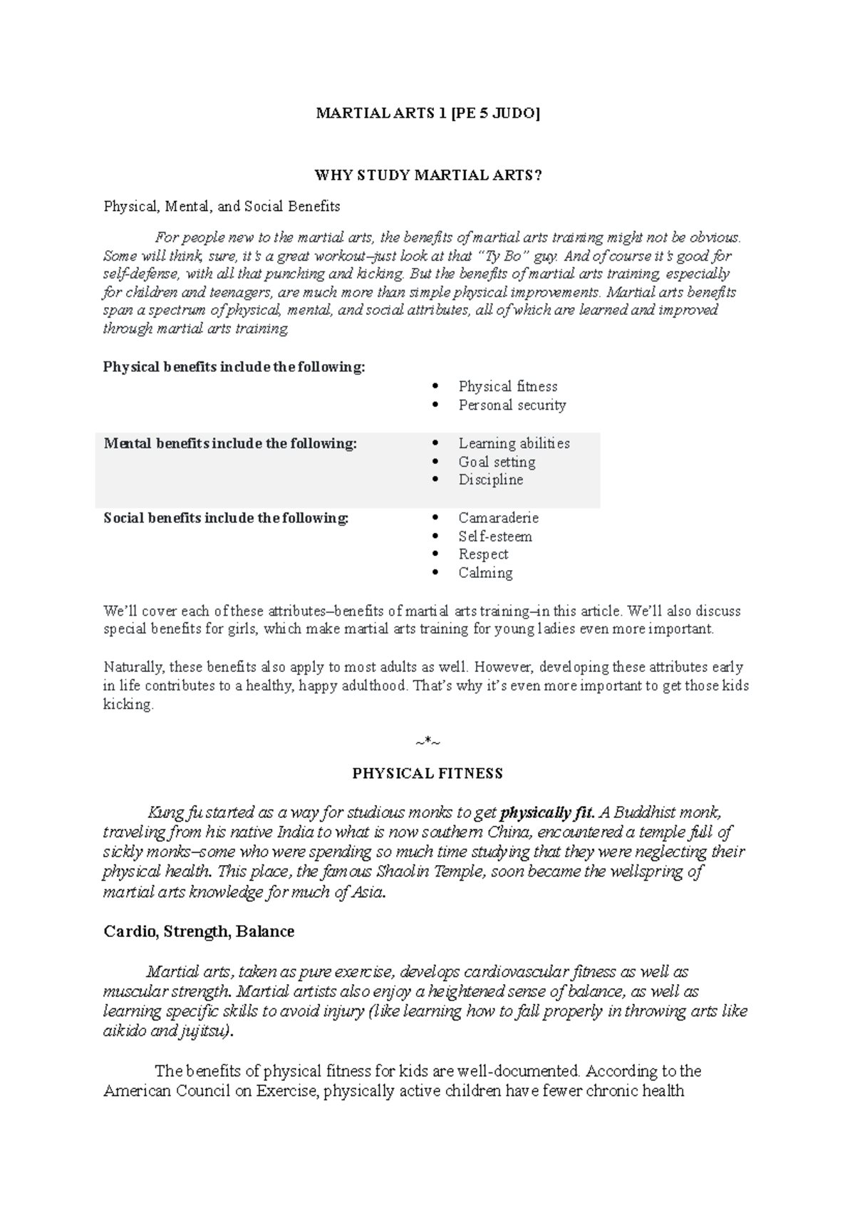 Martial ARTS 1 Physical Education, Judo MARTIAL ARTS 1 [PE 5 JUDO