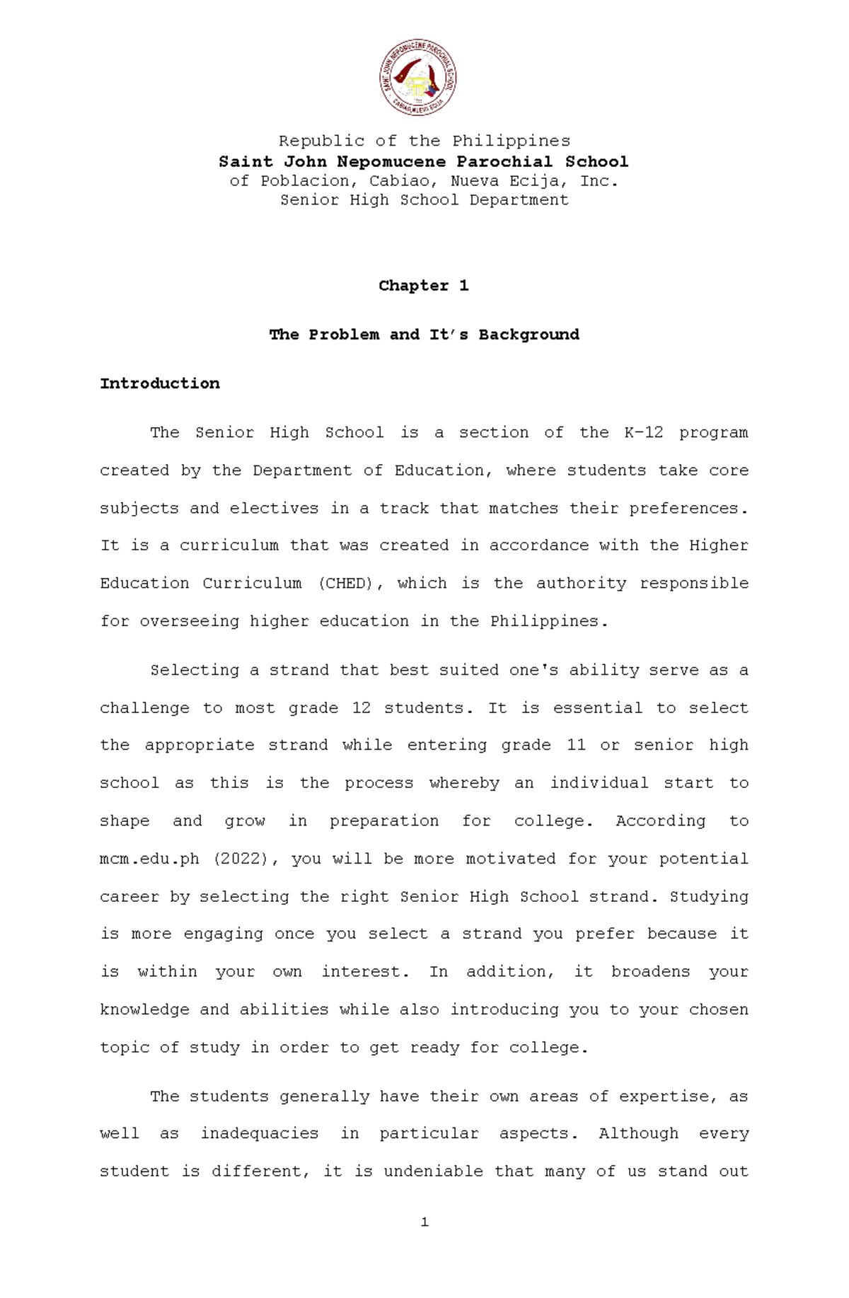 Chapter-1- Sample - Saint John Nepomucene Parochial School of Poblacion ...