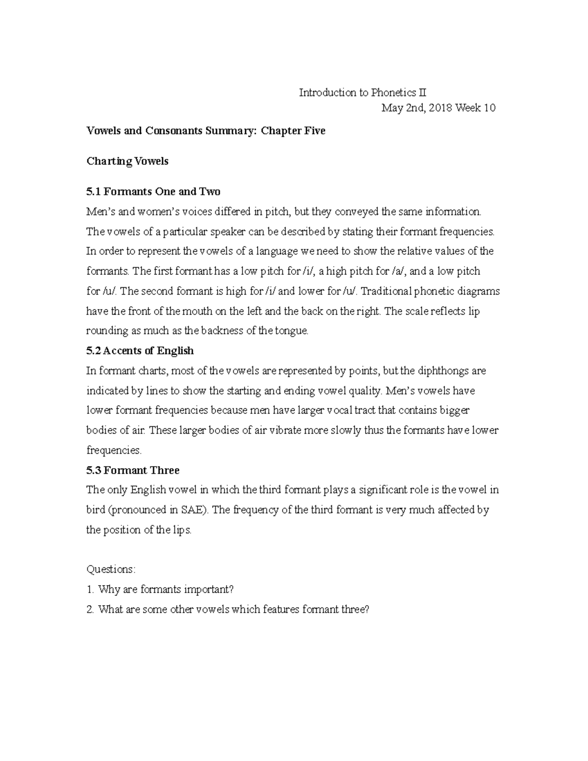 VC summary week9 - vc w9 - Introduction to Phonetics II May 2nd, 2018 ...