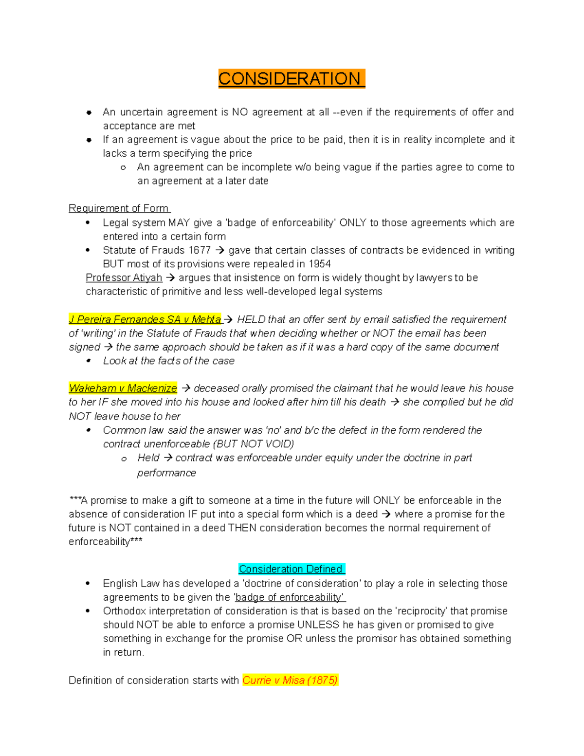 Consideration Textbook Notes CONSIDERATION An Uncertain Agreement 