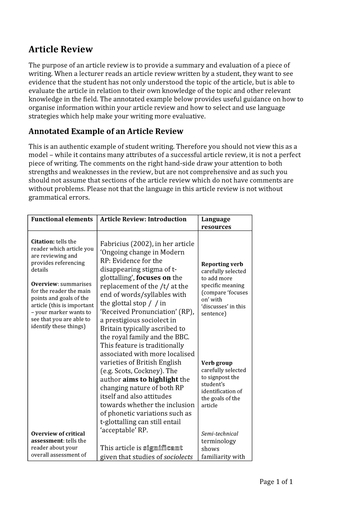 Article Review Handout - Article Review The Purpose Of An Article 