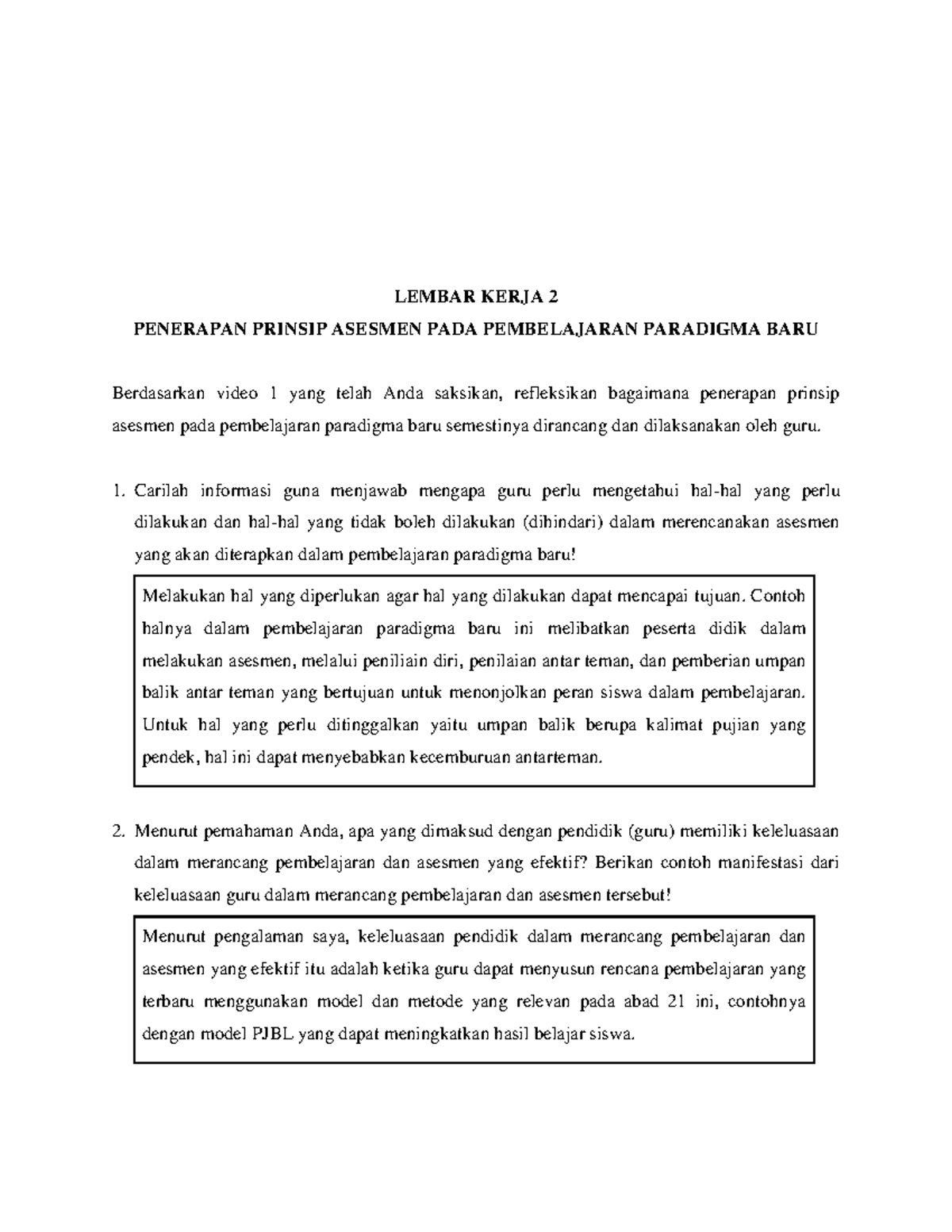 1 Lembar Kerja 2 Topik 2 Ppae Lembar Kerja 2 Penerapan Prinsip Asesmen Pada Pembelajaran