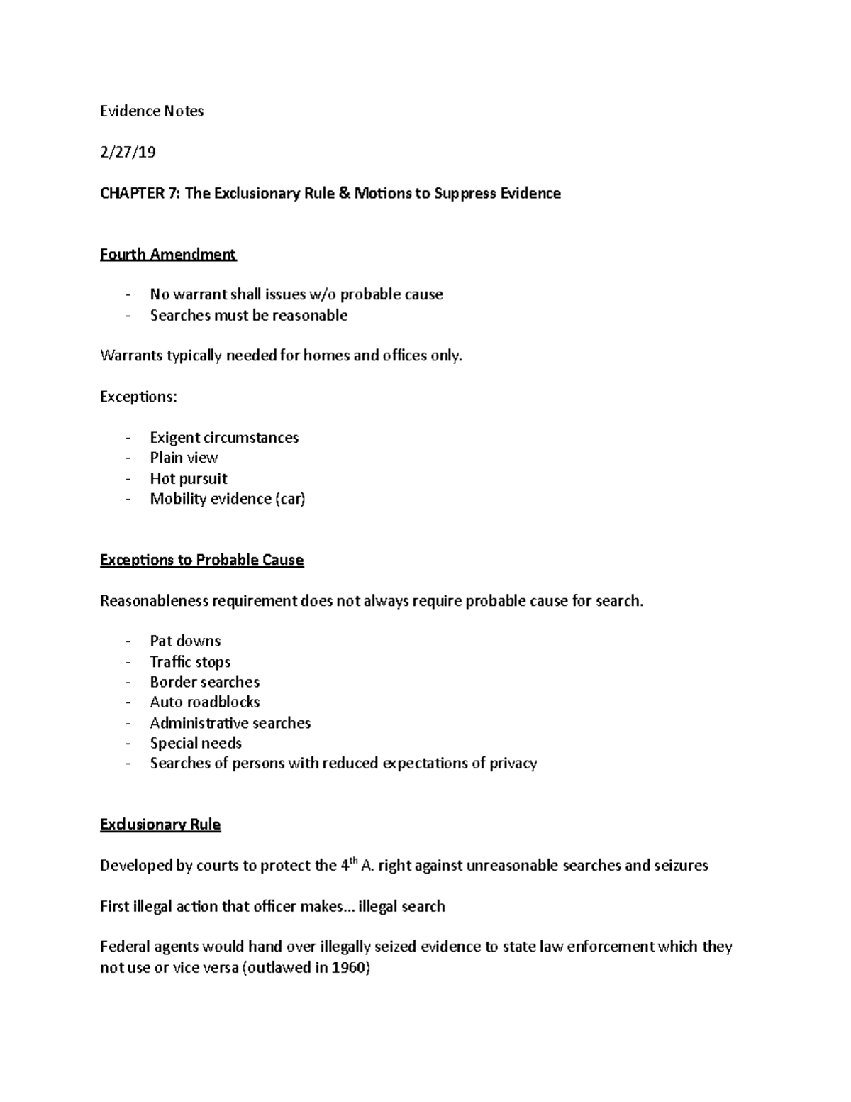 Evidence Notes 7 - Evidence Notes 2/27/19 CHAPTER 7: The Exclusionary ...
