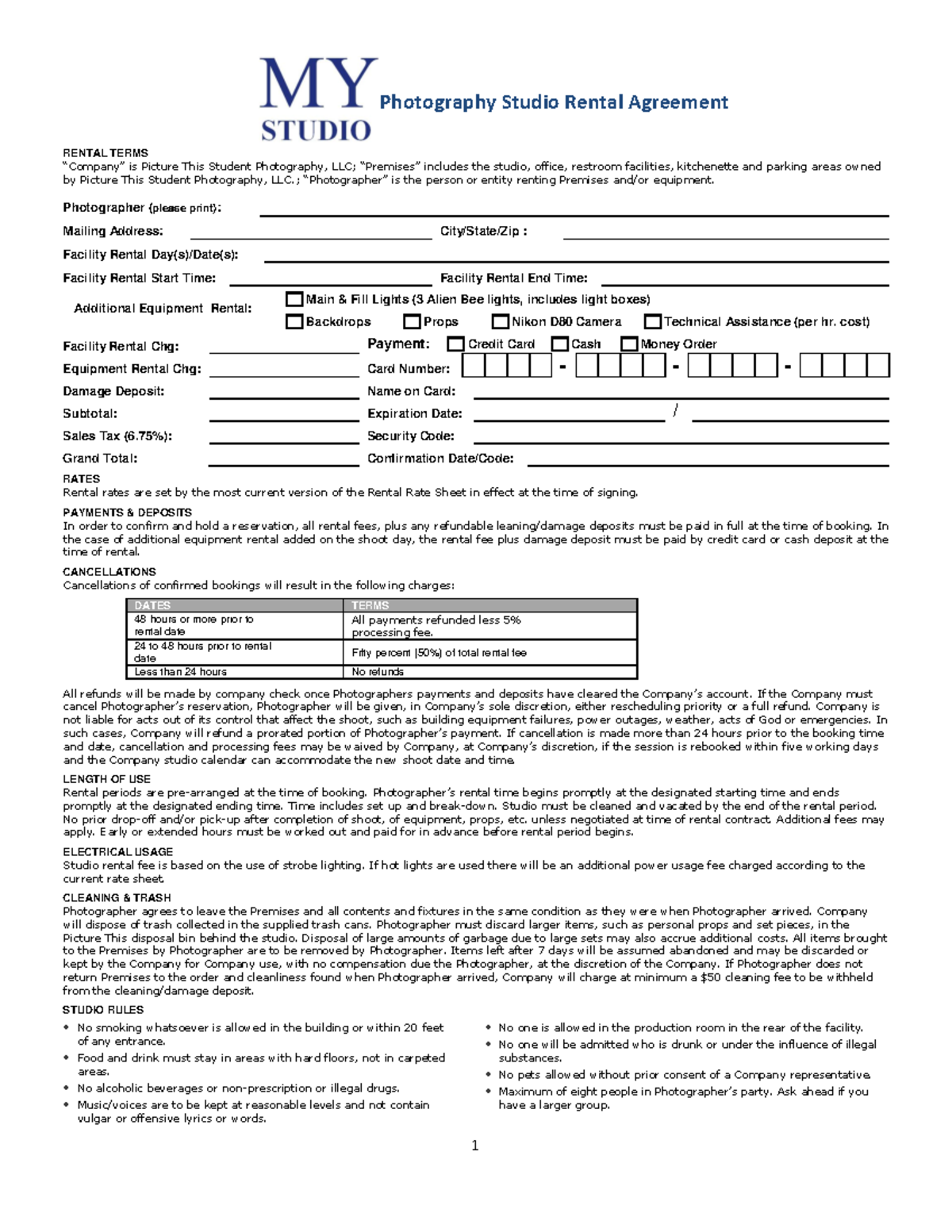 Rental contract 1 Photography Studio Rental Agreement RENTAL
