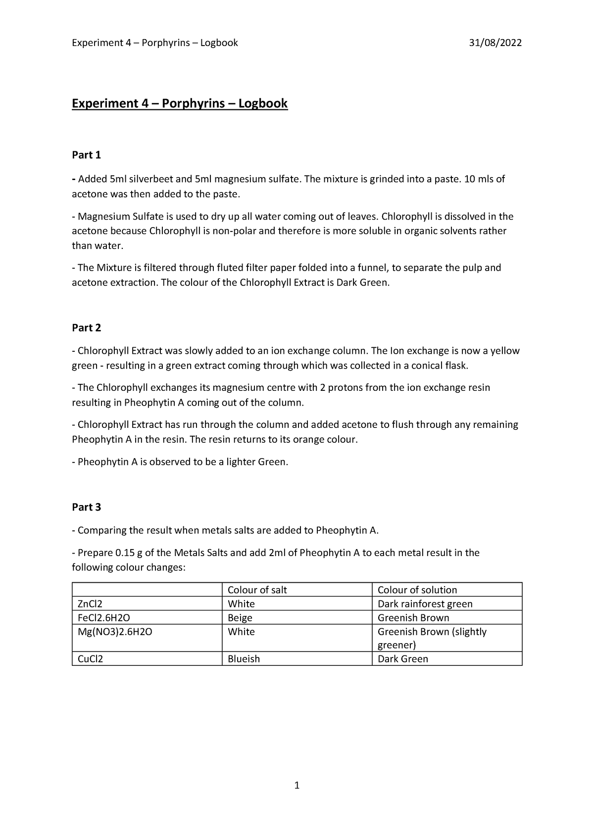 Logbook - Porphyrins - Experiment 4 – Porphyrins – Logbook Part 1 ...