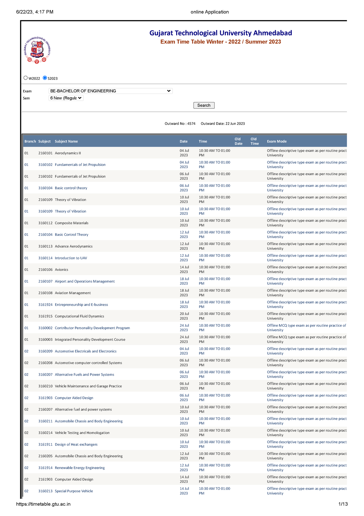 Gtu TIme taable 2023 Gujarat Technological University Ahmedabad Exam