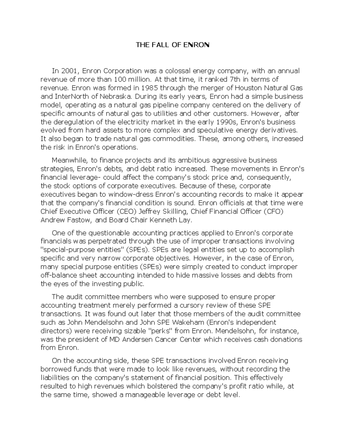 Enron&Definition of Terms 9 - THE FALL OF ENRON In 2001, Enron ...