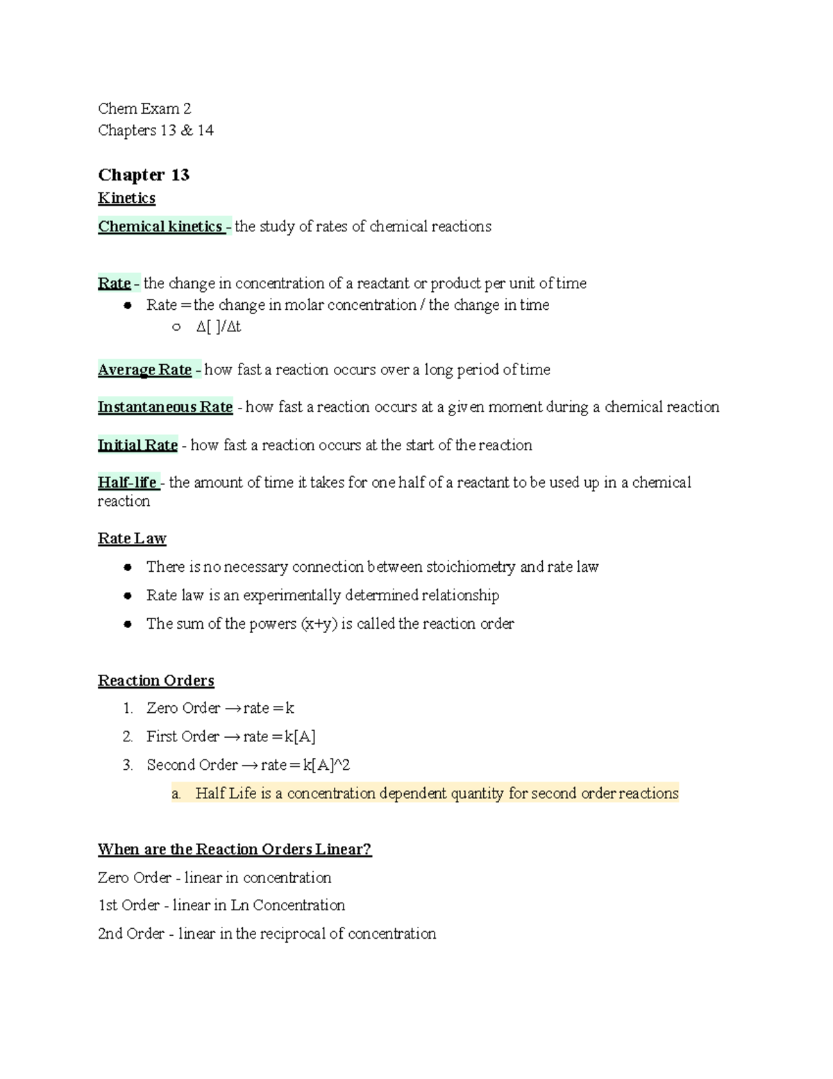 Chem Exam 2 Study Guide - Lecture Notes - Chem Exam 2 Chapters 13 & 14 ...