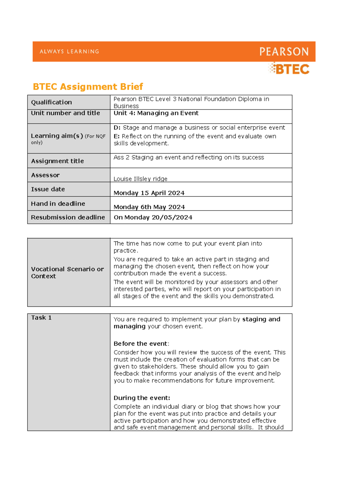 BTEC Assignment Brief Learning Aim DE Unit 4 - BTEC Assignment Brief ...