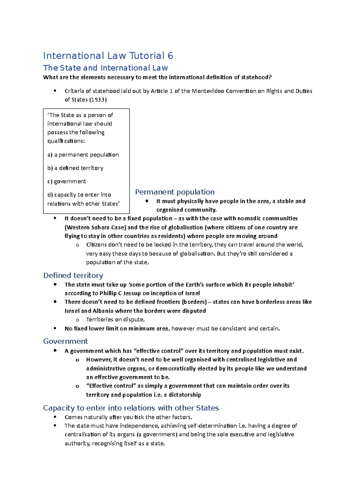 Tutorial 6 - International Law Tutorial 6 The State And International ...