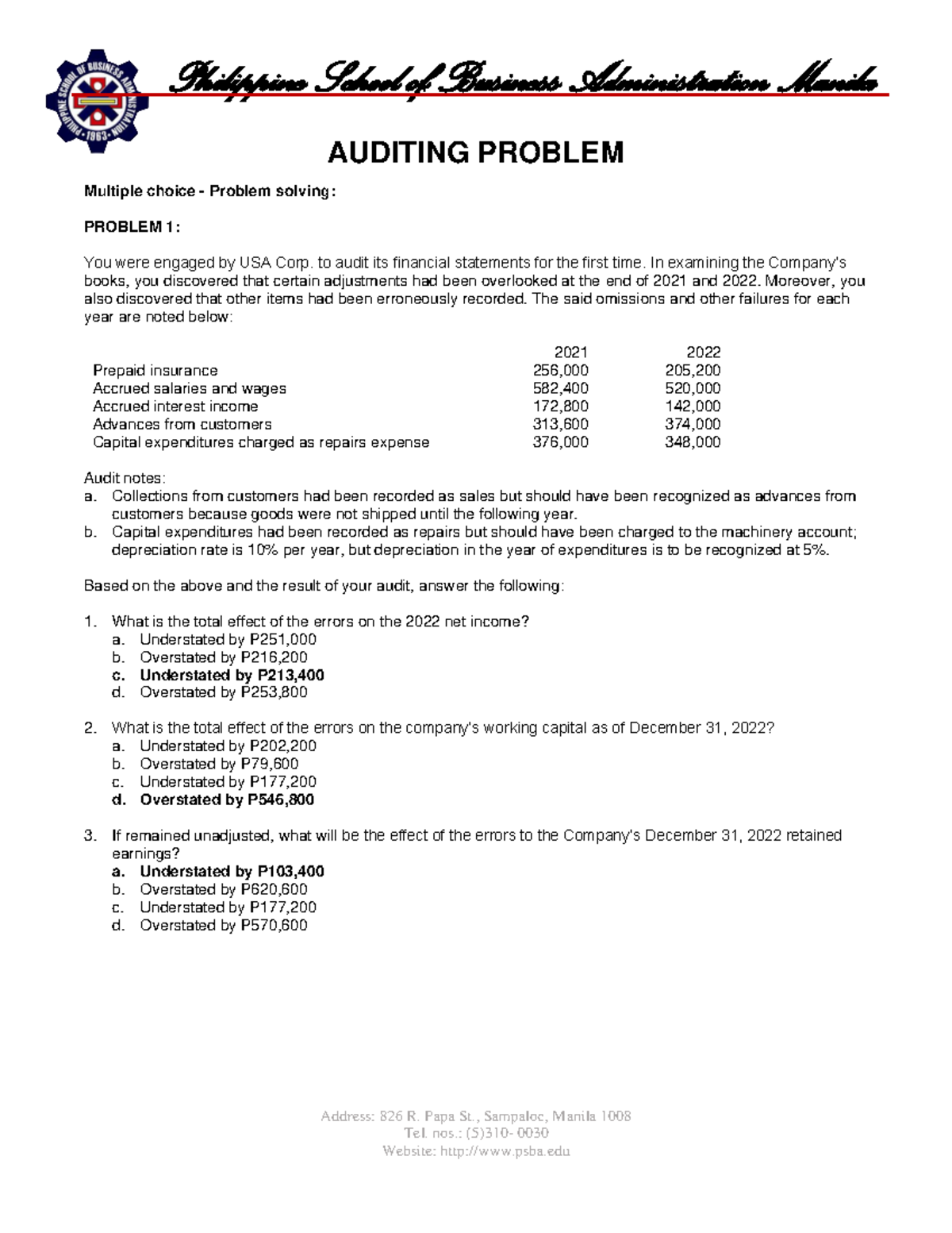 QUIZ 3 - DASDAFDA - AUDITING PROBLEM Address: 826 R. Papa St., Sampaloc ...