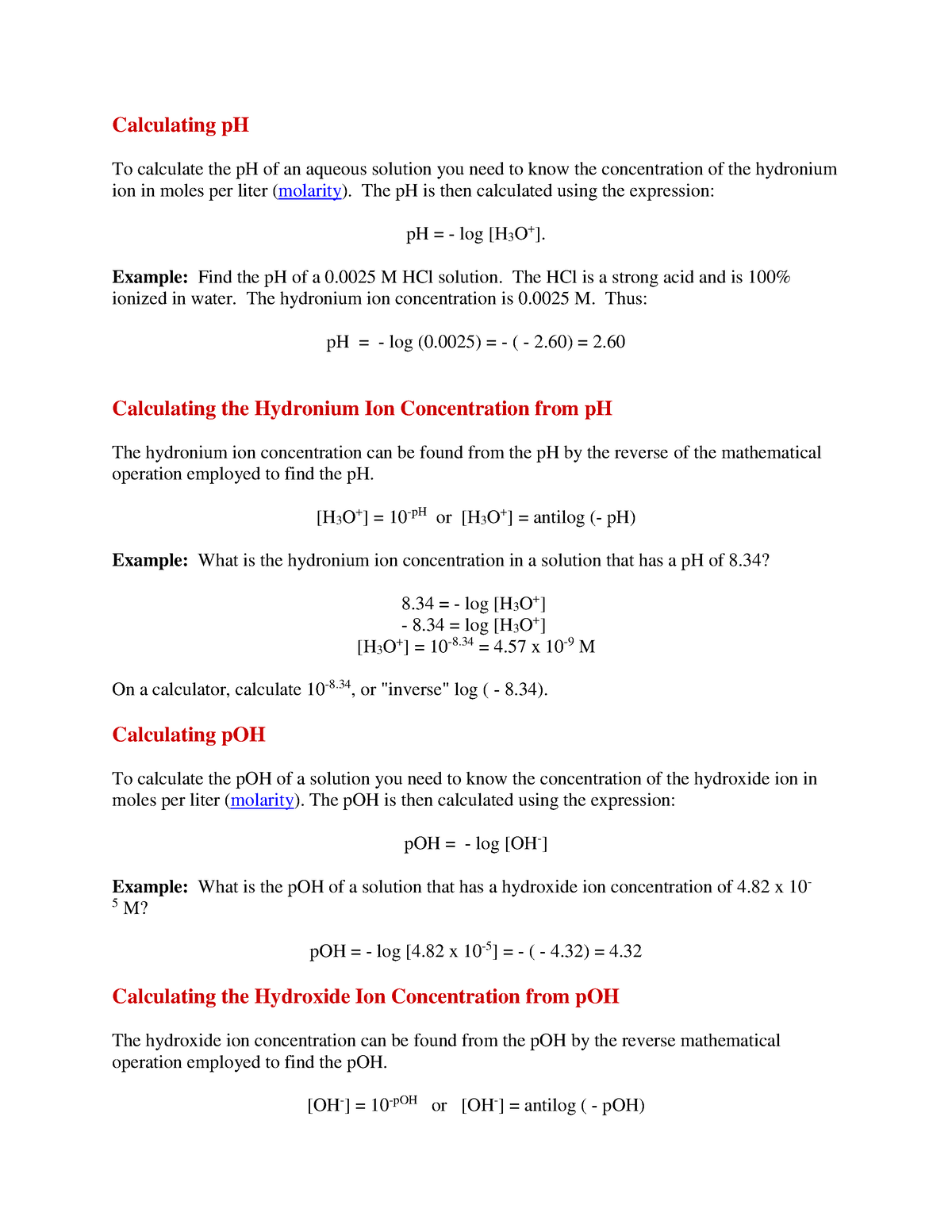 Calculating P H - Nota Kira PH And POH - Calculating PH To Calculate ...