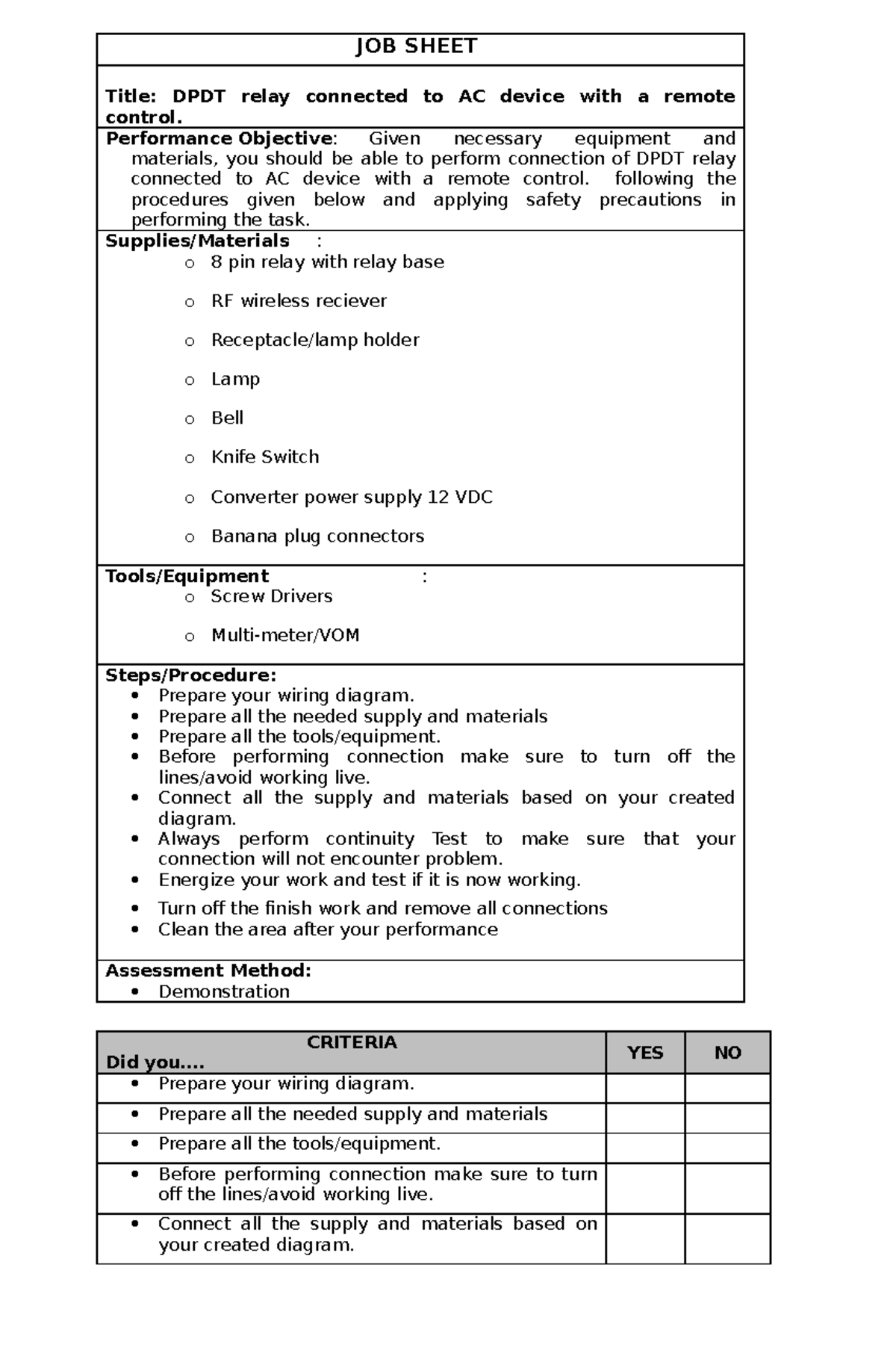 JOB Sheet 8pin relay with RF receiver JOB SHEET Title DPDT relay