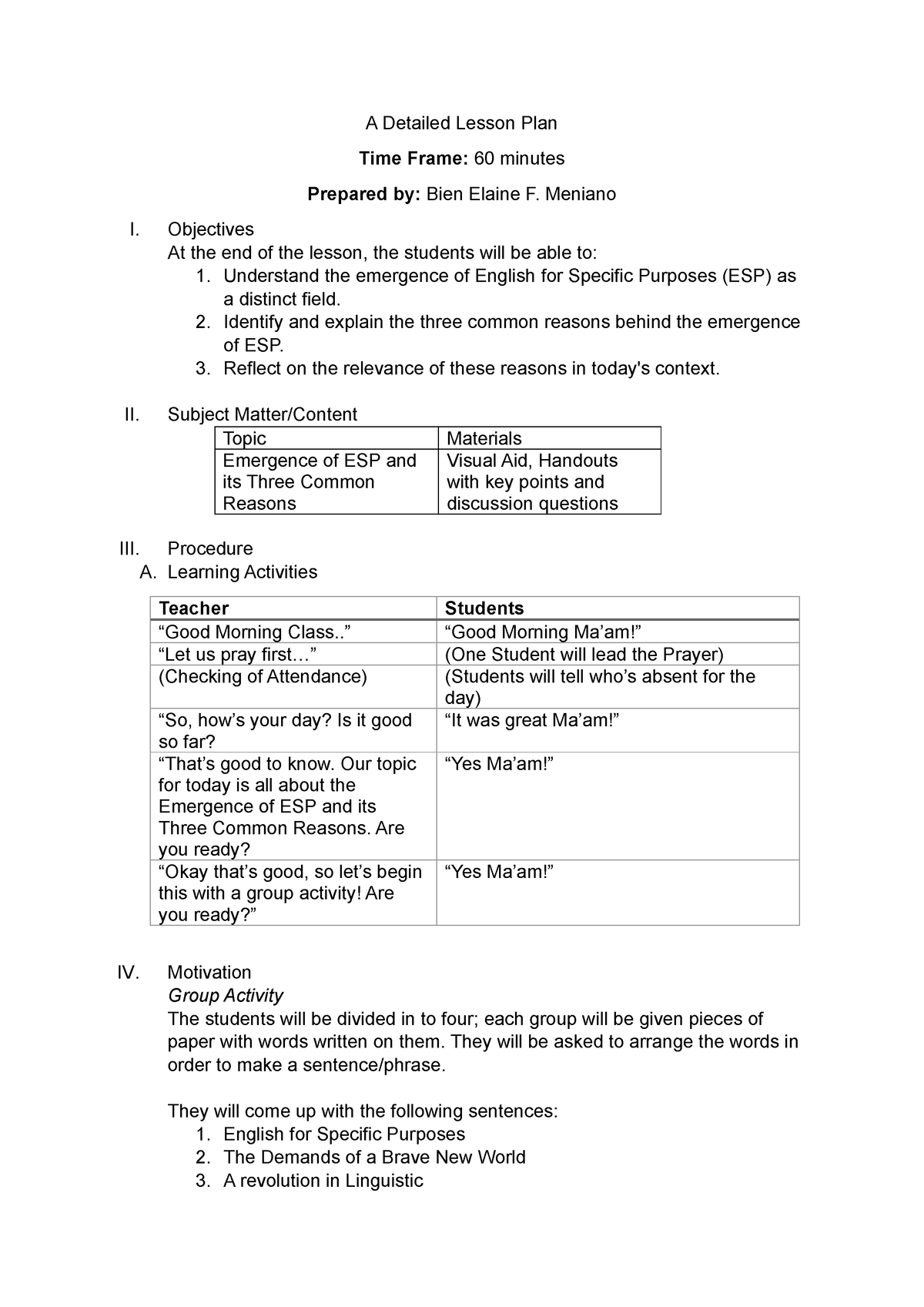 A Detailed Lesson Plan Sjhjs A Detailed Lesson Plan Time Frame 60 