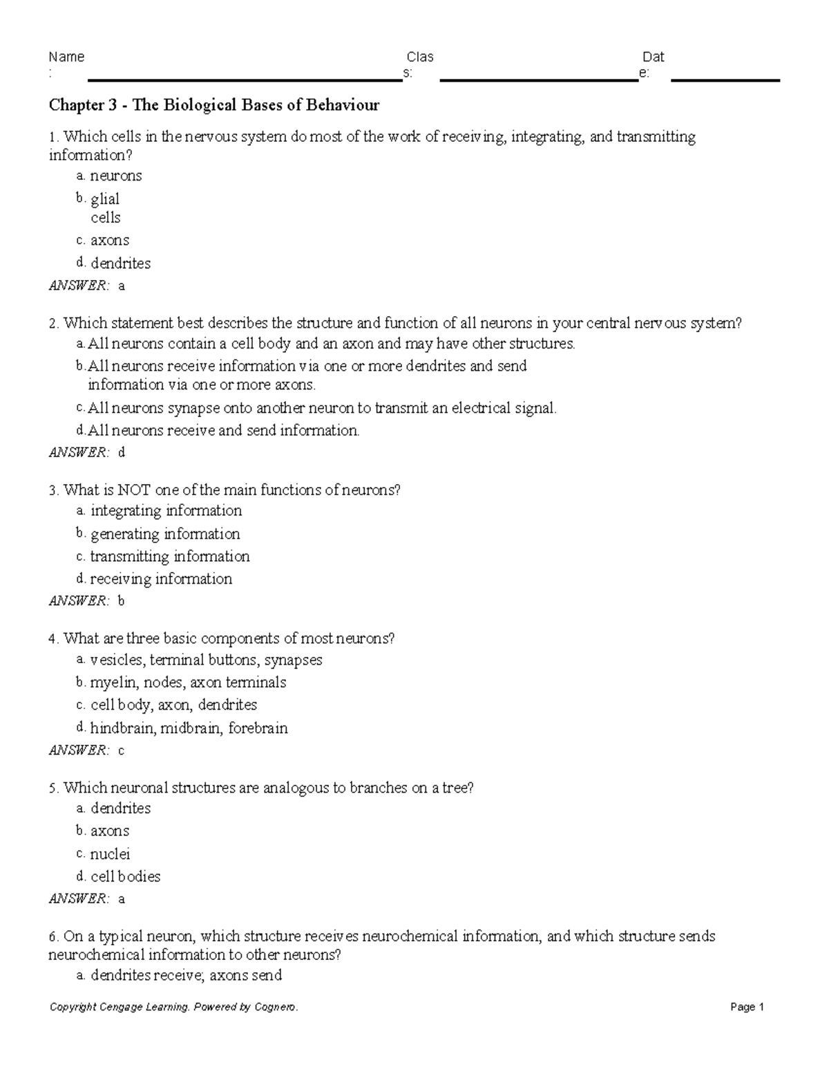 Chapter 3 The Biological Bases Of Behaviour - Chapter 3 - The ...