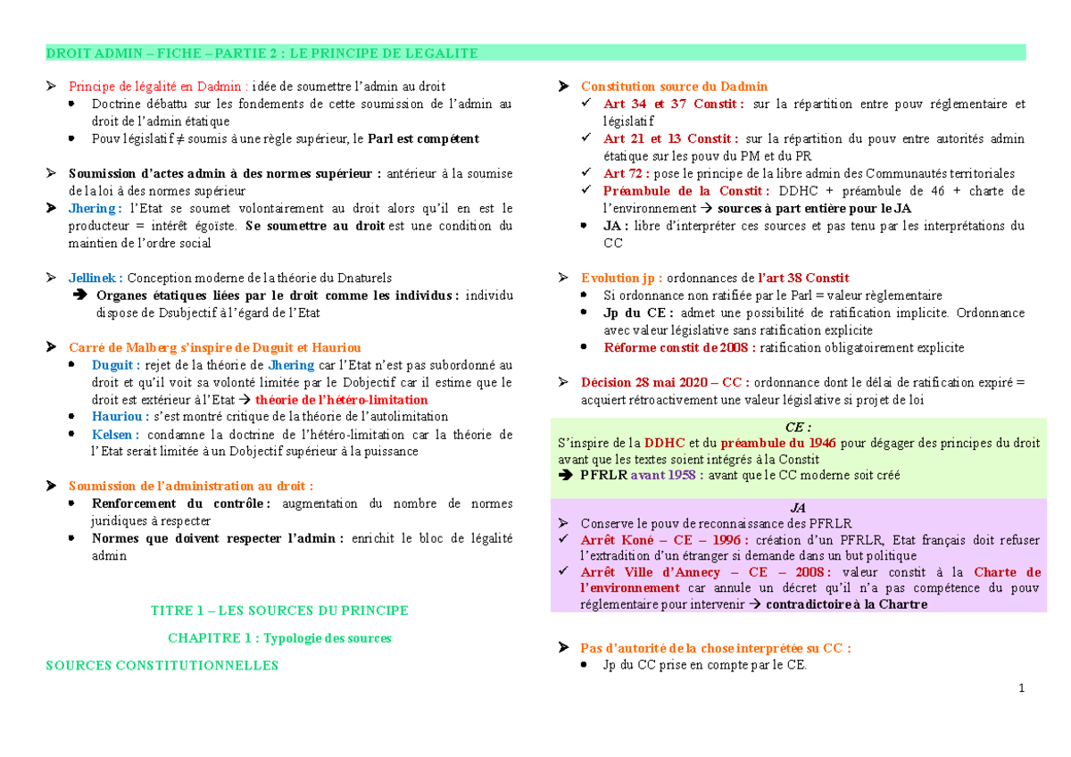Fiche droit administratif partie 2 - Principe de légalité en Dadmin