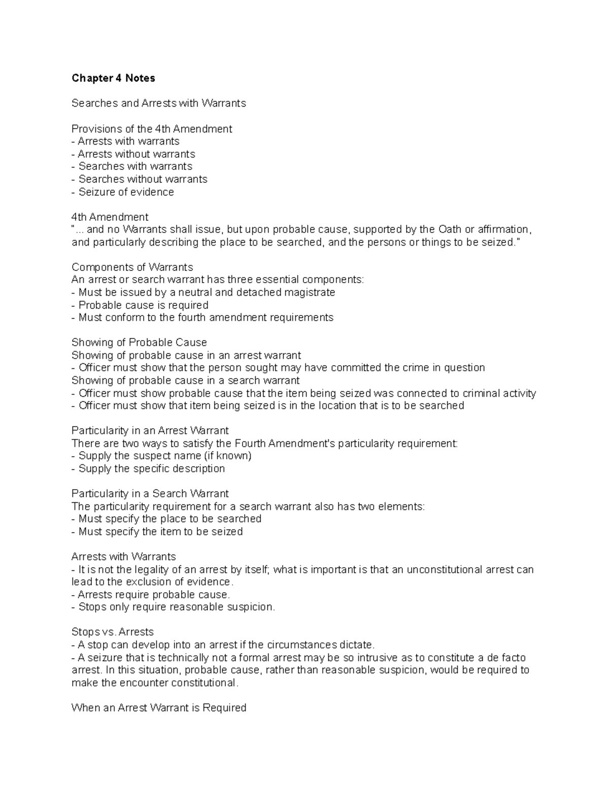 Chapter 4 Notes - Chapter 4 Notes Searches and Arrests with Warrants ...